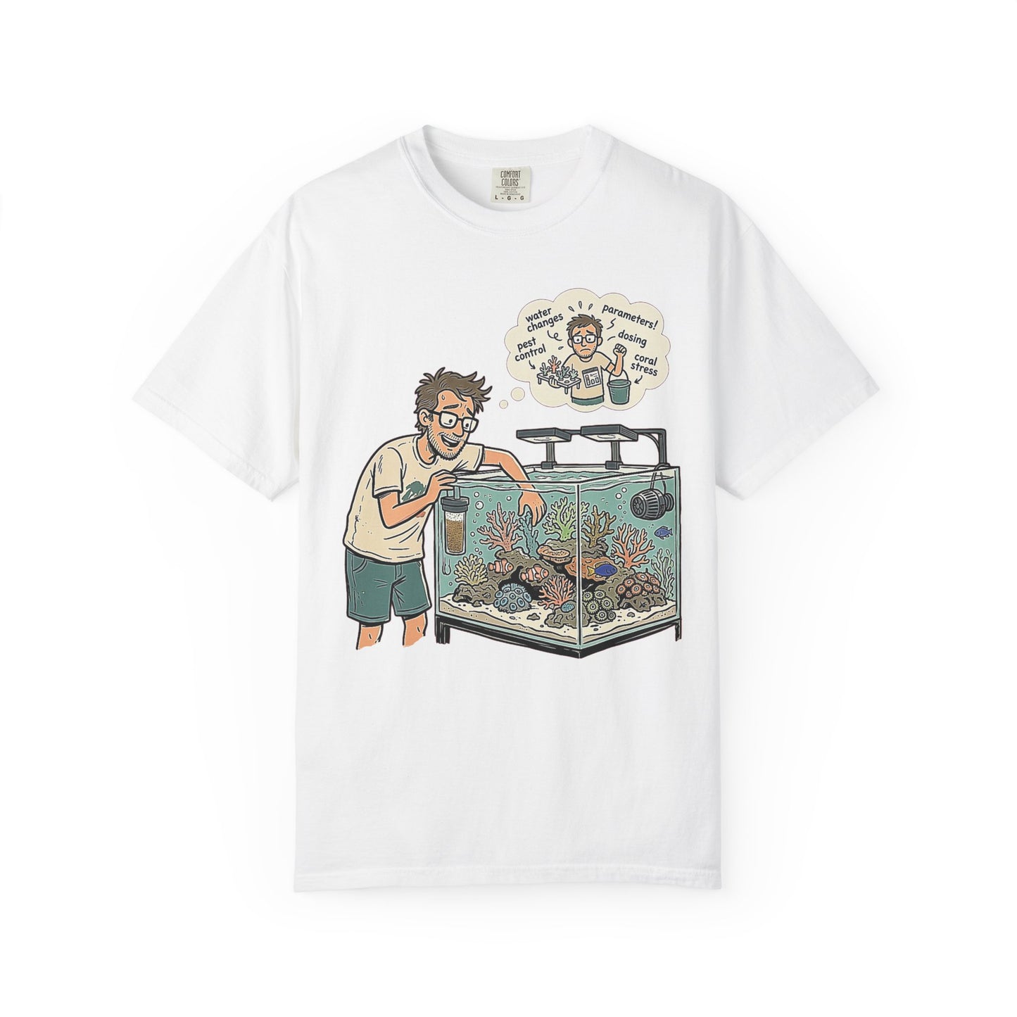 Broke Reefers saltwater aquarium graphic t-shirt featuring a detailed illustration of a reef-keeper tending to their tank with a thought bubble of reefing chores, white crew neck tee