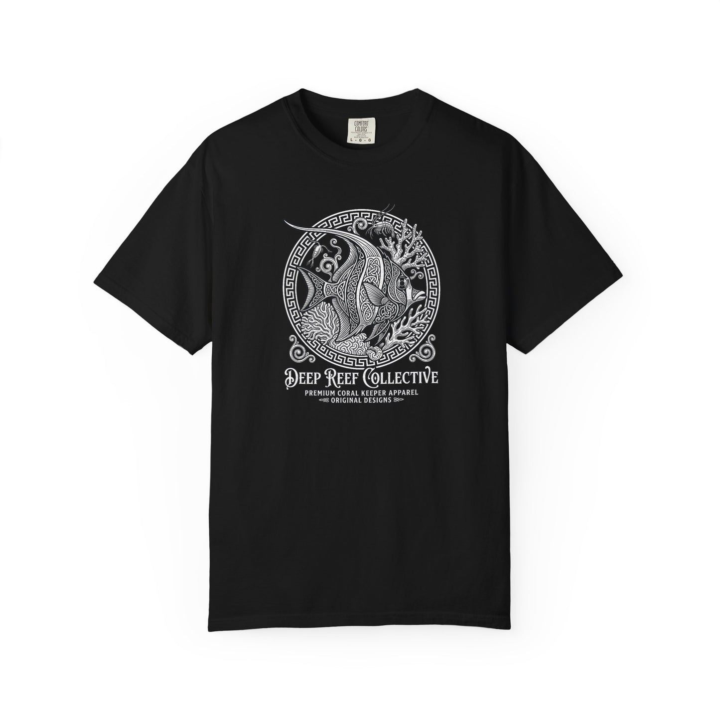 Deep Reef Collective premium graphic t-shirt featuring an intricate, knotwork-style illustration of a Moorish Idol (Zanclus cornutus) within a circular frame, black crew neck tee