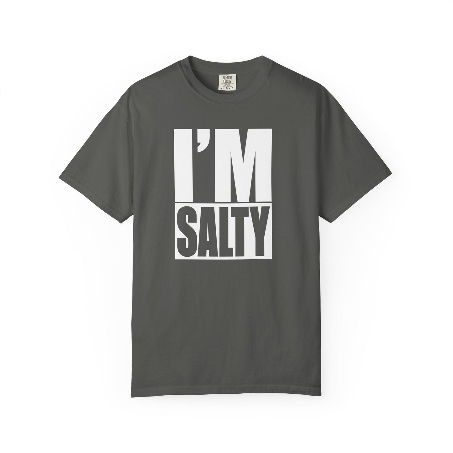 Broke Reefers graphic t-shirt featuring a bold, minimalist block-text design that reads: I’M SALTY, dark khaki crew neck tee