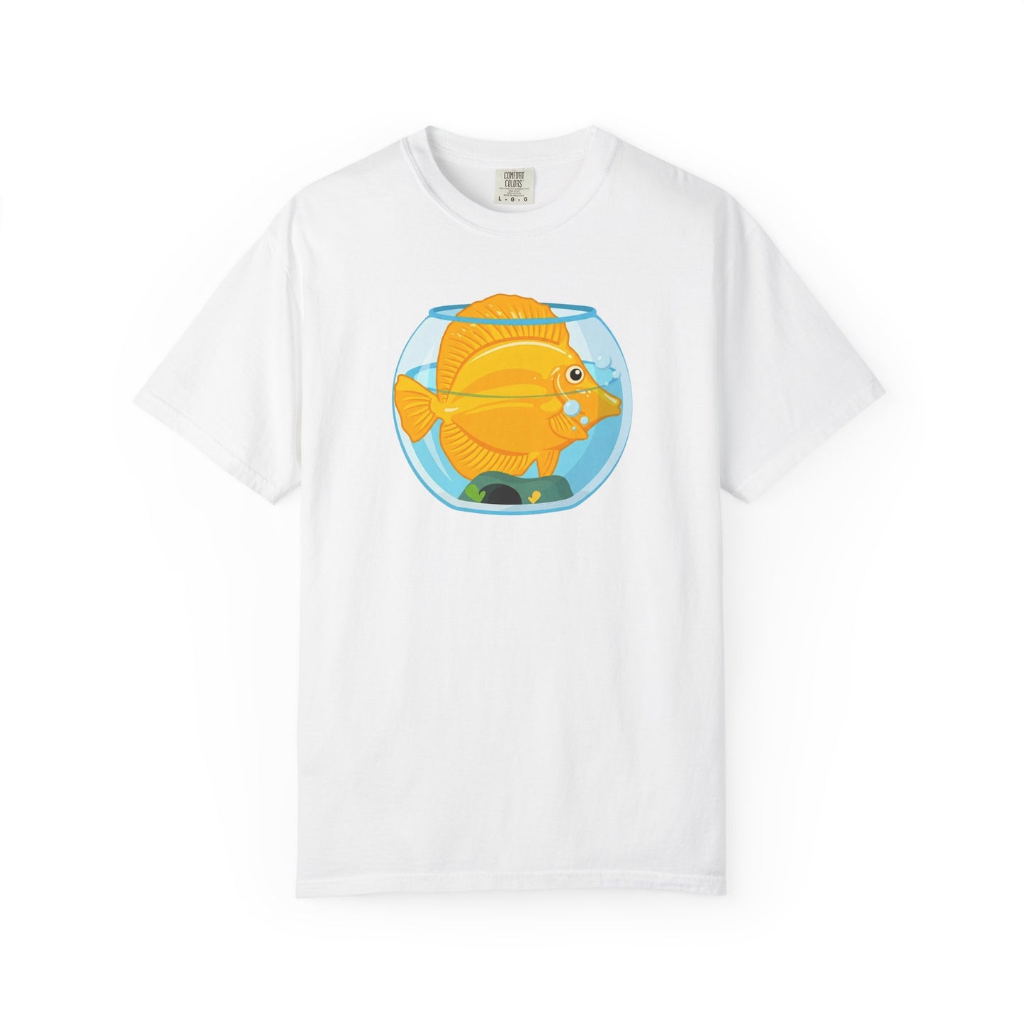 Broke Reefers graphic t-shirt featuring a humorous illustration of a yellow tang crammed inside a small fishbowl, white crew neck tee