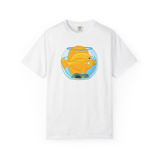 Broke Reefers graphic t-shirt featuring a humorous illustration of a yellow tang crammed inside a small fishbowl, white crew neck tee
