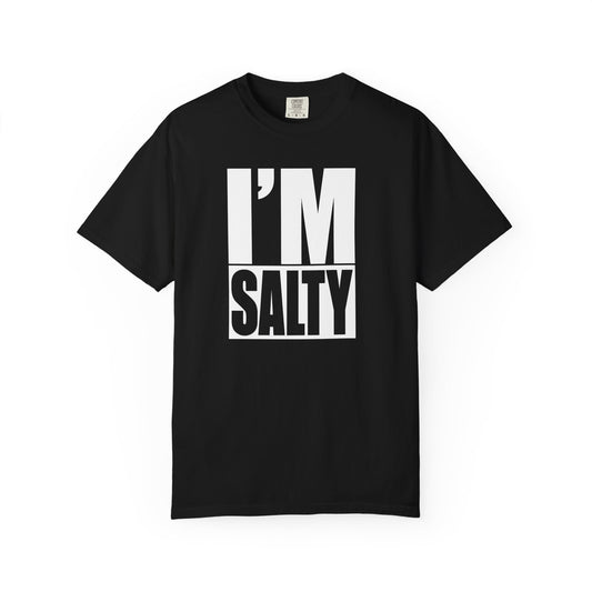Broke Reefers graphic t-shirt featuring a bold, minimalist block-text design that reads: I’M SALTY, black crew neck tee