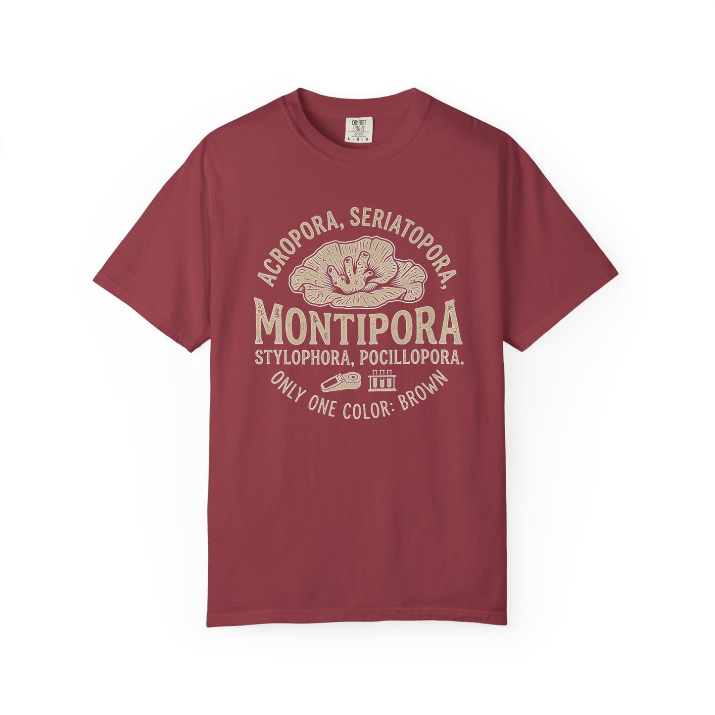 Broke Reefers saltwater aquarium graphic t-shirt featuring a vintage-style design listing SPS coral genera with the text: ONLY ONE COLOR: BROWN, maroon crew neck tee