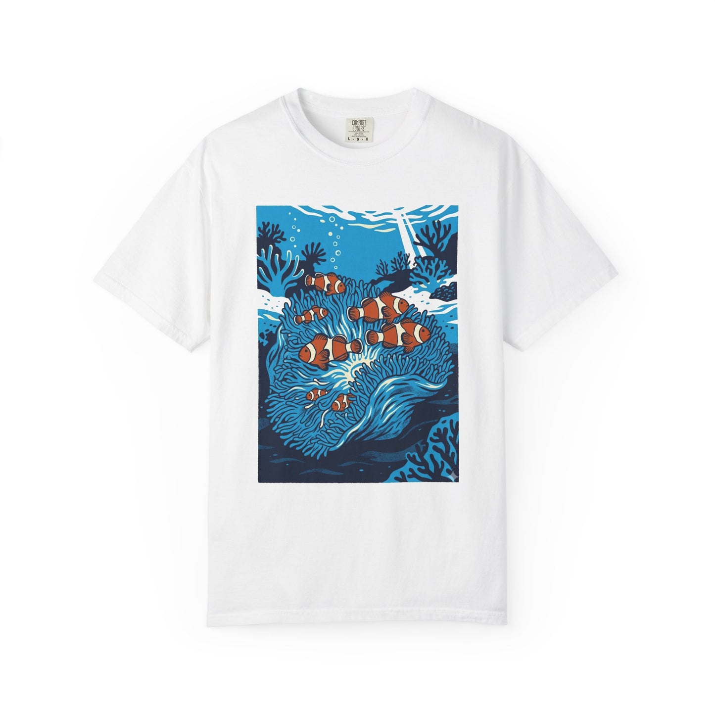 Broke Reefers saltwater aquarium graphic t-shirt featuring a detailed blue-toned illustration of a group of clownfish in an anemone, white crew neck tee