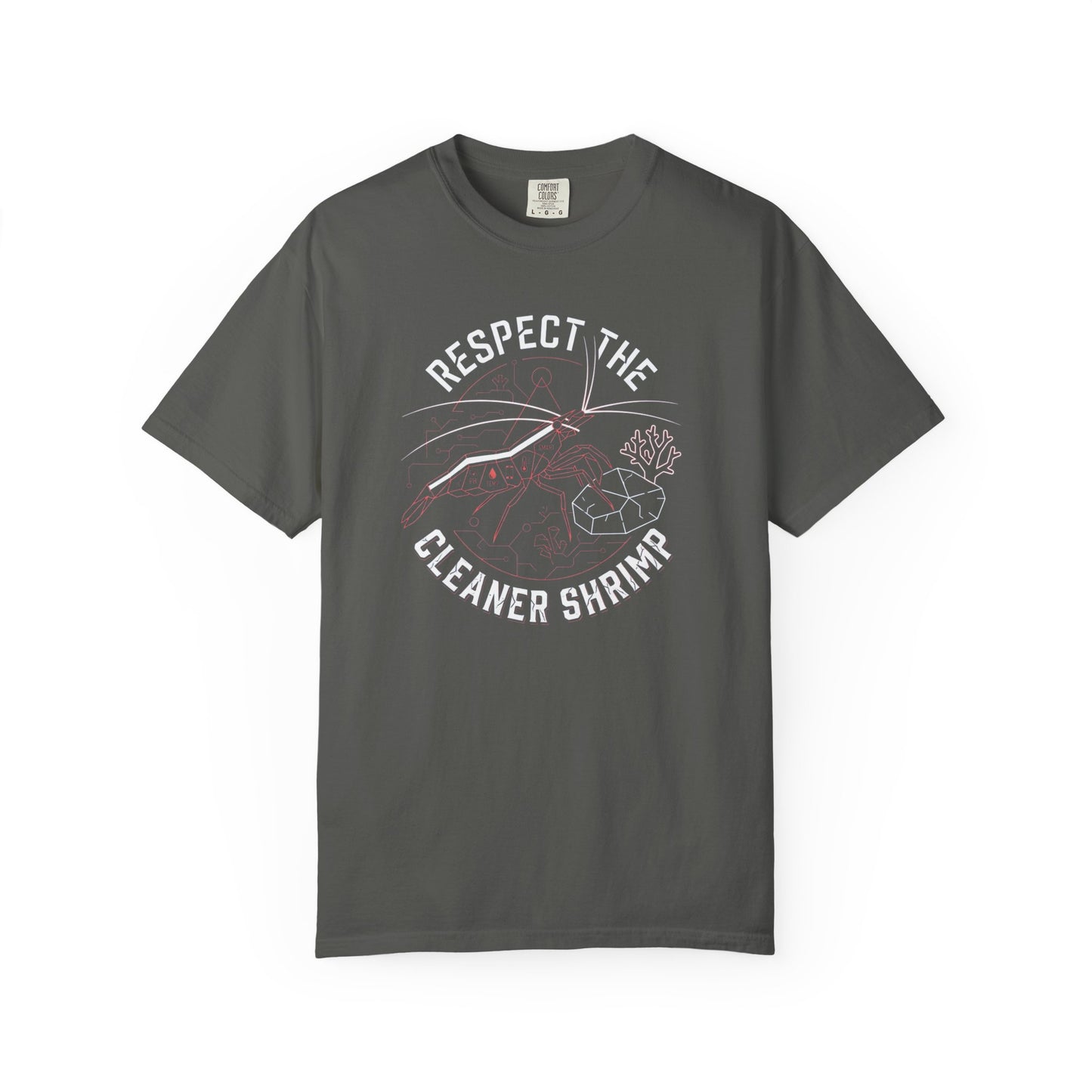 Broke Reefers graphic t-shirt featuring a stylized cleaner shrimp design with the text RESPECT THE CLEANER SHRIMP, [Color] crew neck tee.