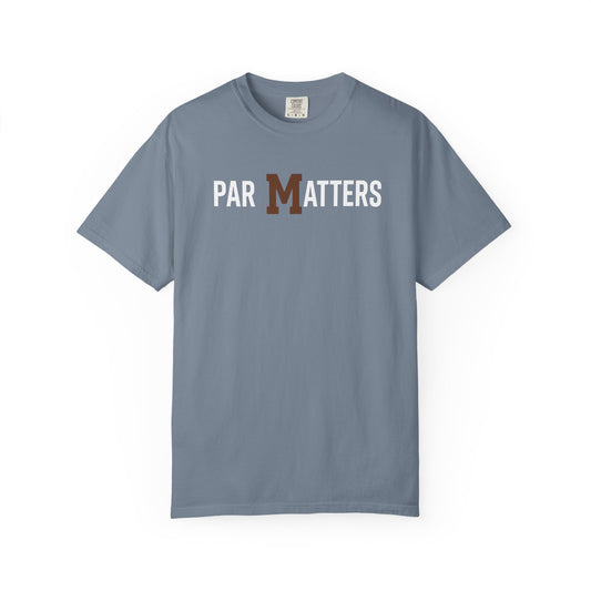 Broke Reefers graphic t-shirt featuring a minimalist text design that reads: PAR MATTERS, blue crew neck tee