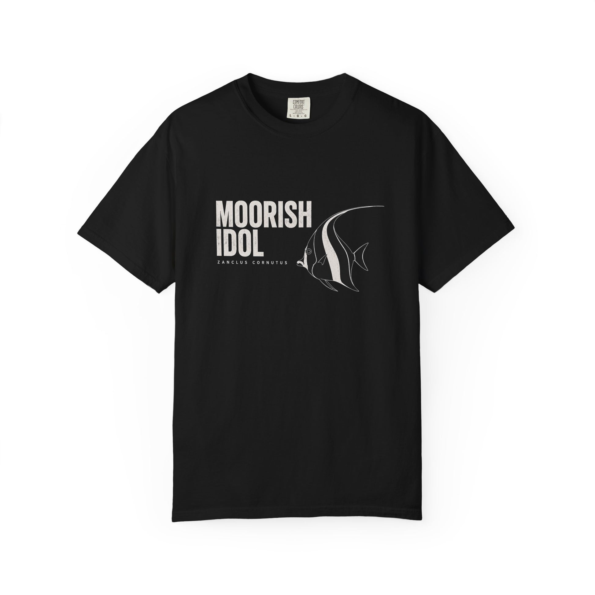 Broke Reefers graphic t-shirt featuring a stylized illustration of a Moorish Idol with the text: MOORISH IDOL, ZANCLUS CORNUTUS, black crew neck tee