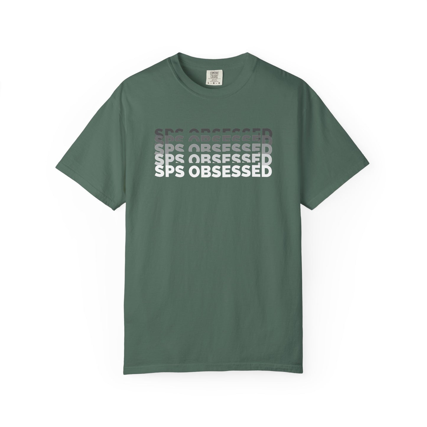 Broke Reefers saltwater aquarium graphic t-shirt featuring a modern, layered 'glitch' text design that reads: SPS OBSESSED, military green crew neck tee