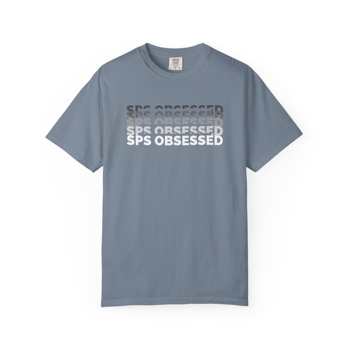 Broke Reefers saltwater aquarium graphic t-shirt featuring a modern, layered 'glitch' text design that reads: SPS OBSESSED, grey crew neck tee