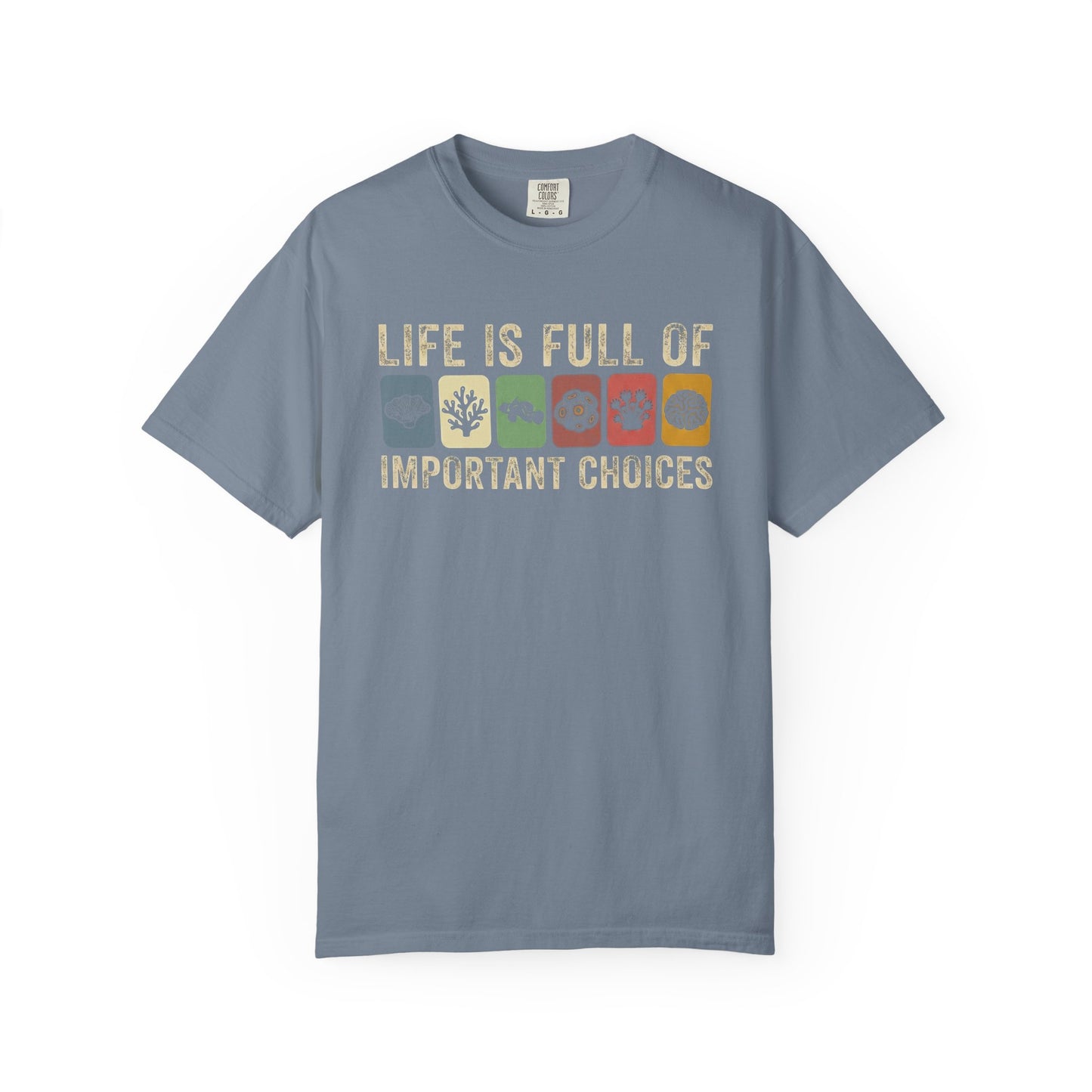 Broke Reefers graphic t-shirt featuring a grid of colorful reef-life icons with the text: LIFE IS FULL OF IMPORTANT CHOICES, blue crew neck tee