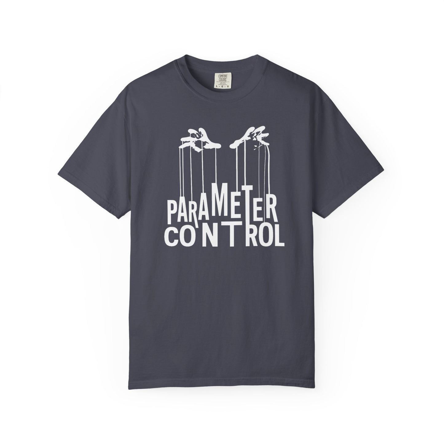 Broke Reefers graphic t-shirt featuring an illustration of hands controlling strings with the text: PARAMETER CONTROL, navy crew neck tee