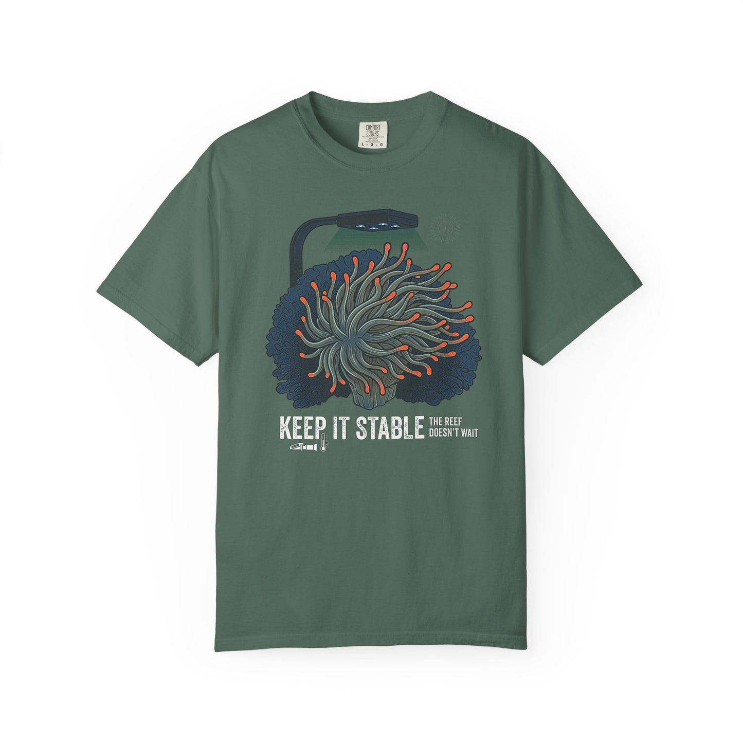 Broke Reefers graphic t-shirt featuring an illustration of an anemone under aquarium lighting with icons for a refractometer and thermometer, and the text: KEEP IT STABLE THE REEF DOESN'T WAIT, military green crew neck tee