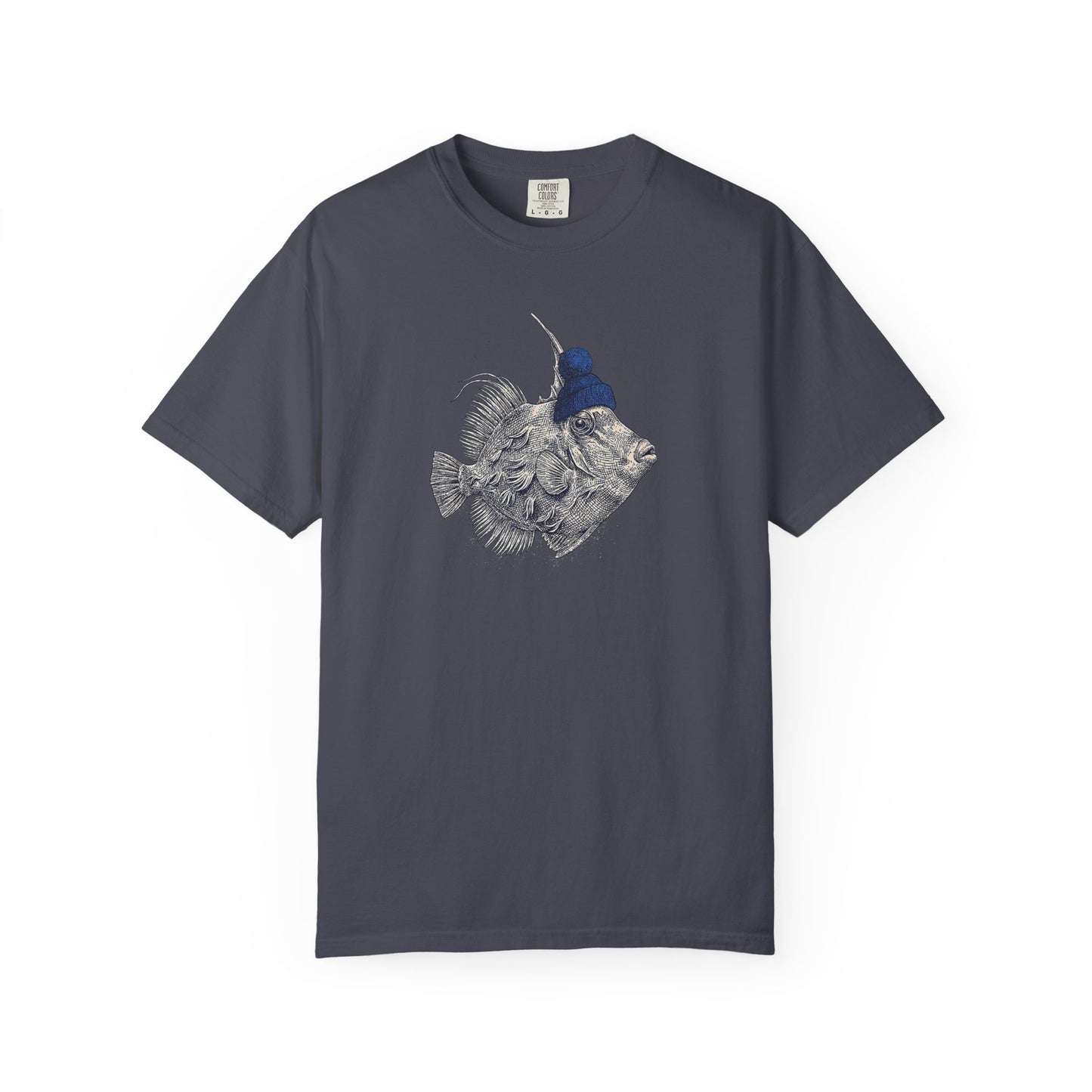 Broke Reefers graphic t-shirt featuring a vintage-style illustration of a filefish wearing a beanie, navy crew neck tee