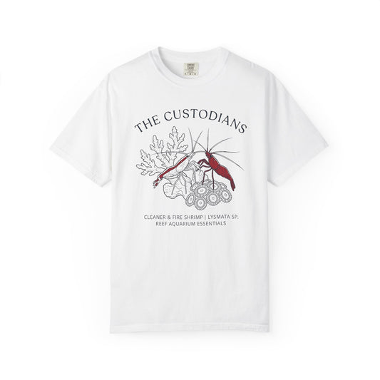 Broke Reefers saltwater aquarium graphic t-shirt featuring a detailed illustration of a Cleaner Shrimp and a Fire Shrimp on coral with the text: THE CUSTODIANS, CLEANER & FIRE SHRIMP | LYSMATA SP. REEF AQUARIUM ESSENTIALS, white crew neck tee