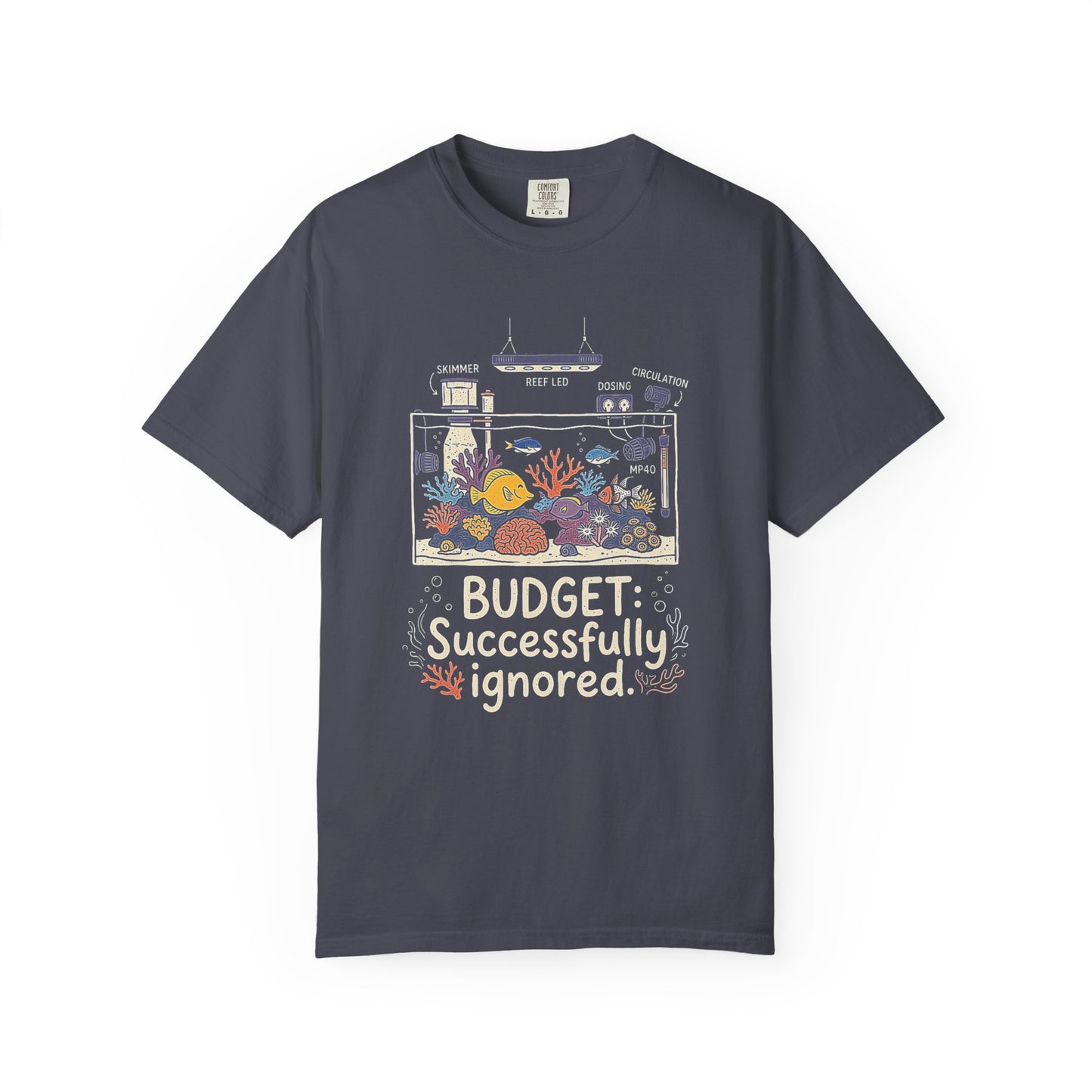 Broke Reefers saltwater aquarium graphic t-shirt featuring an aquarium equipment schematic with the text: BUDGET: Successfully ignored, navy crew neck tee