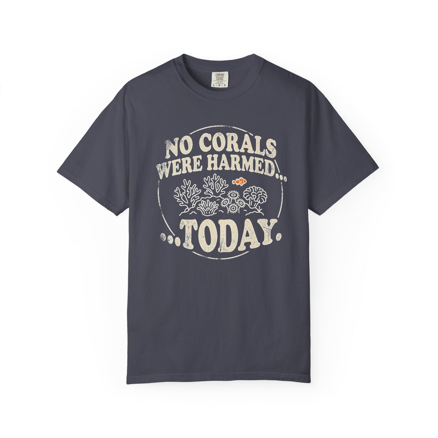 Broke Reefers graphic t-shirt featuring a circular emblem illustration of corals and a clownfish with the text: NO CORALS WERE HARMED... TODAY., navy crew neck tee