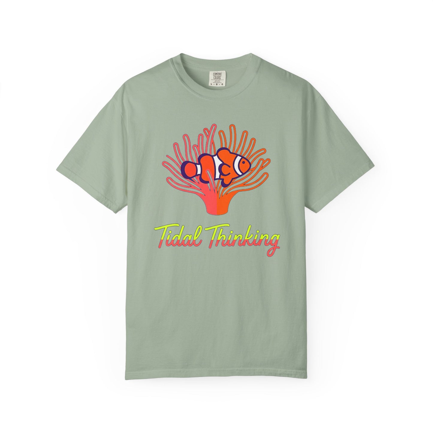 Broke Reefers saltwater aquarium graphic t-shirt featuring a vibrant illustration of a clownfish in an anemone with the text: Tidal Thinking, light green crew neck tee