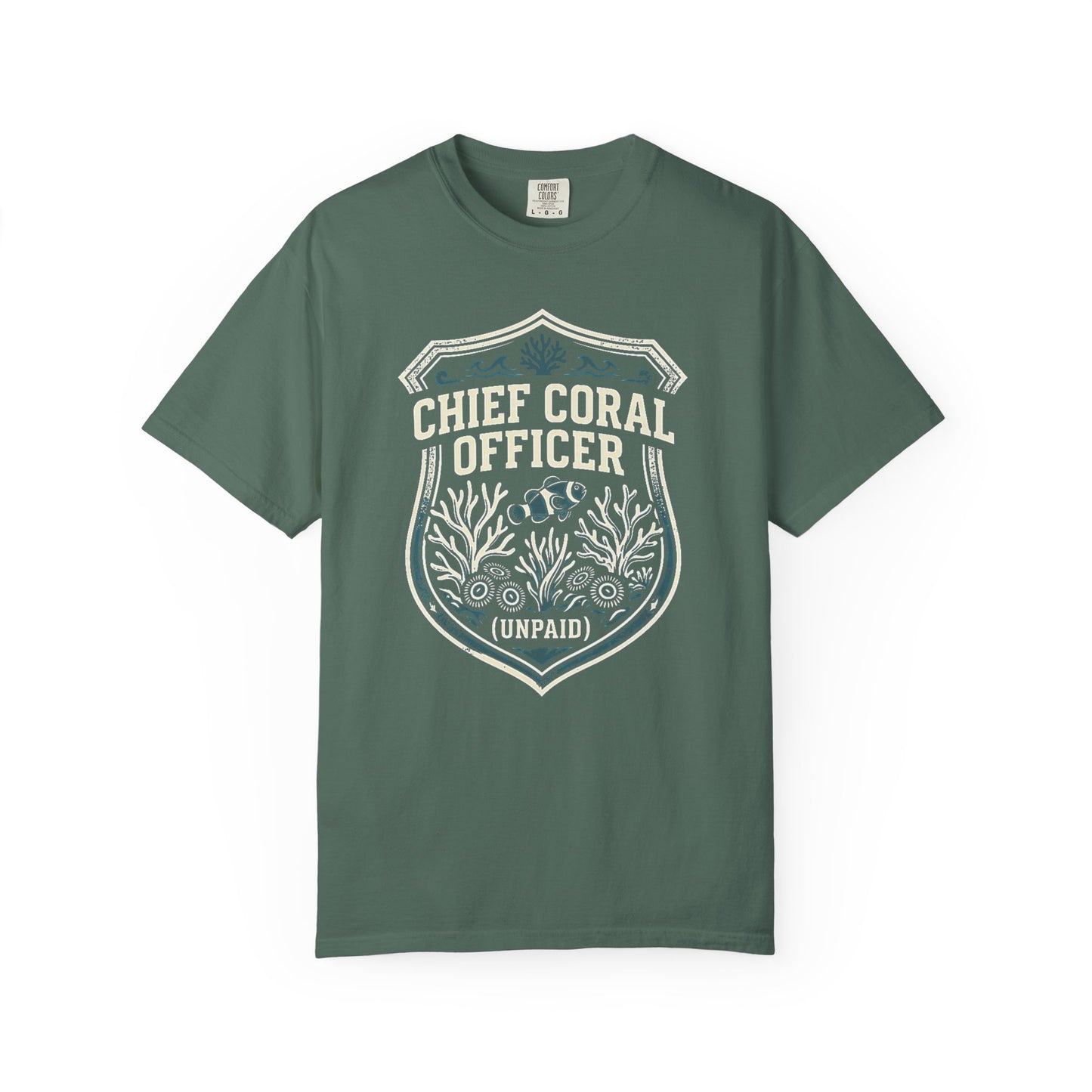 Broke Reefers graphic t-shirt featuring a badge design with the text CHIEF CORAL OFFICER (UNPAID) above a coral reef, [Color] crew neck tee