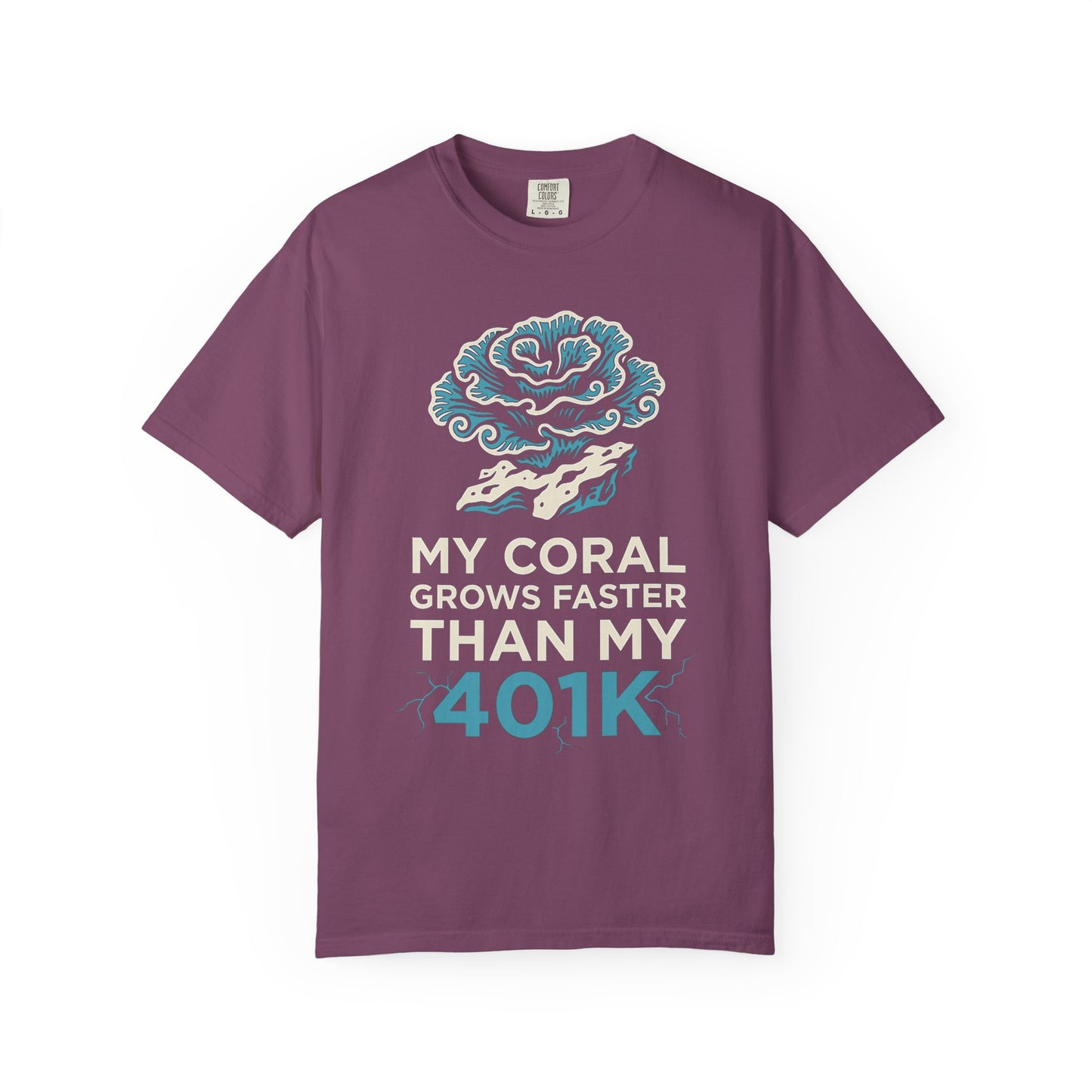 Broke Reefers saltwater aquarium graphic t-shirt featuring a sophisticated coral illustration with the bold, humorous text: MY CORAL GROWS FASTER THAN MY 401K, purple crew neck tee
