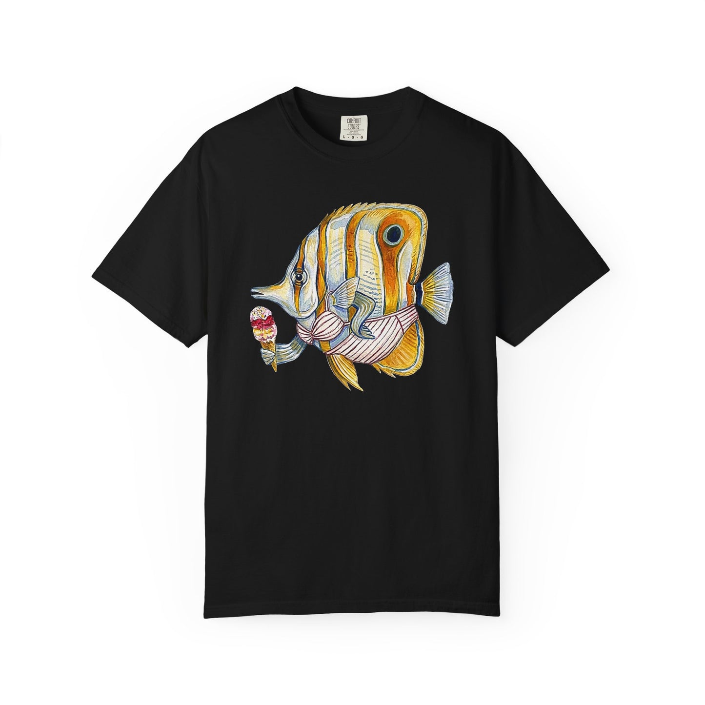 Broke Reefers saltwater aquarium graphic t-shirt featuring a unique, hand-painted style illustration of a Copperband Butterflyfish wearing a bikini and holding an ice cream cone, black crew neck tee