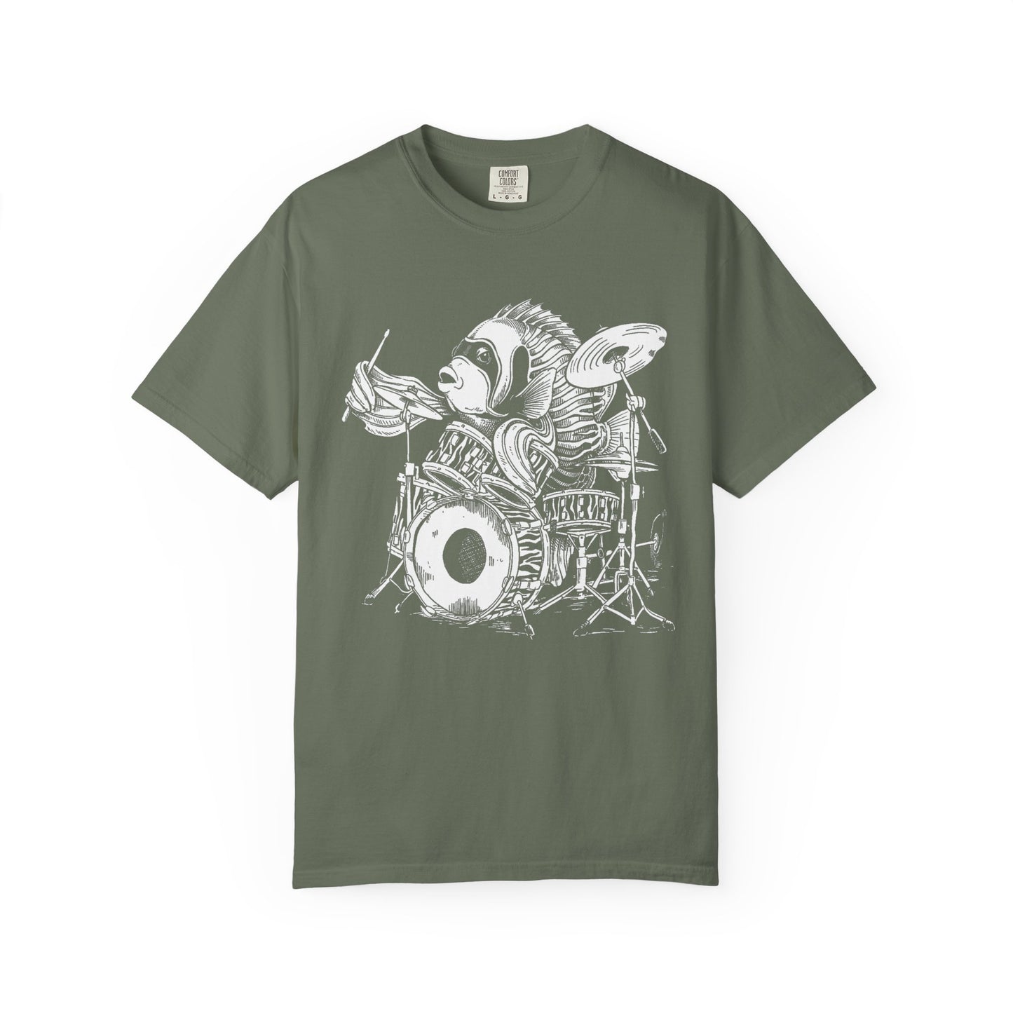 Broke Reefers saltwater aquarium graphic t-shirt featuring a detailed black-and-white illustration of an Emperor Angelfish playing a drum kit, military green crew neck tee