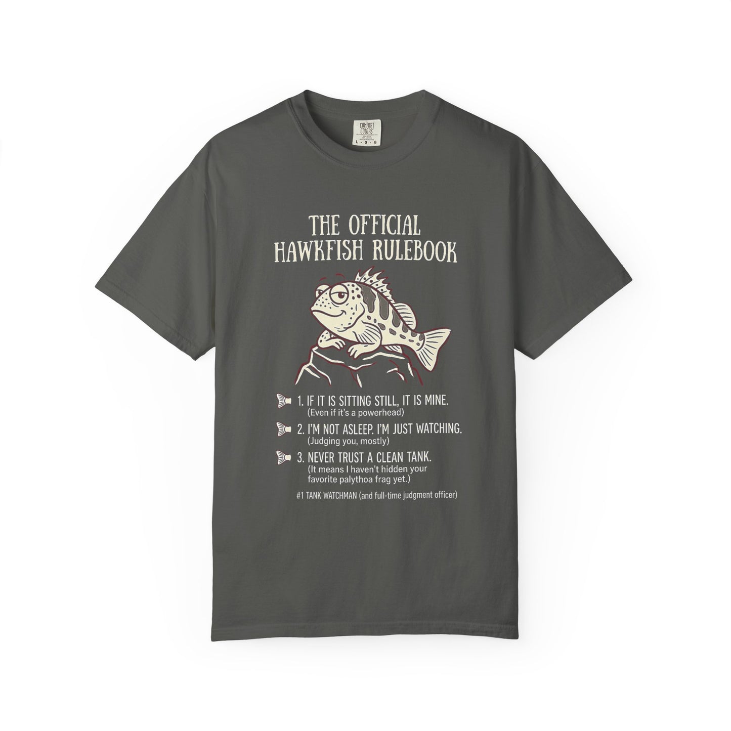 Broke Reefers saltwater aquarium graphic t-shirt featuring a witty rulebook illustration of a hawkfish with the text: THE OFFICIAL HAWKFISH RULEBOOK, dark khaki crew neck tee