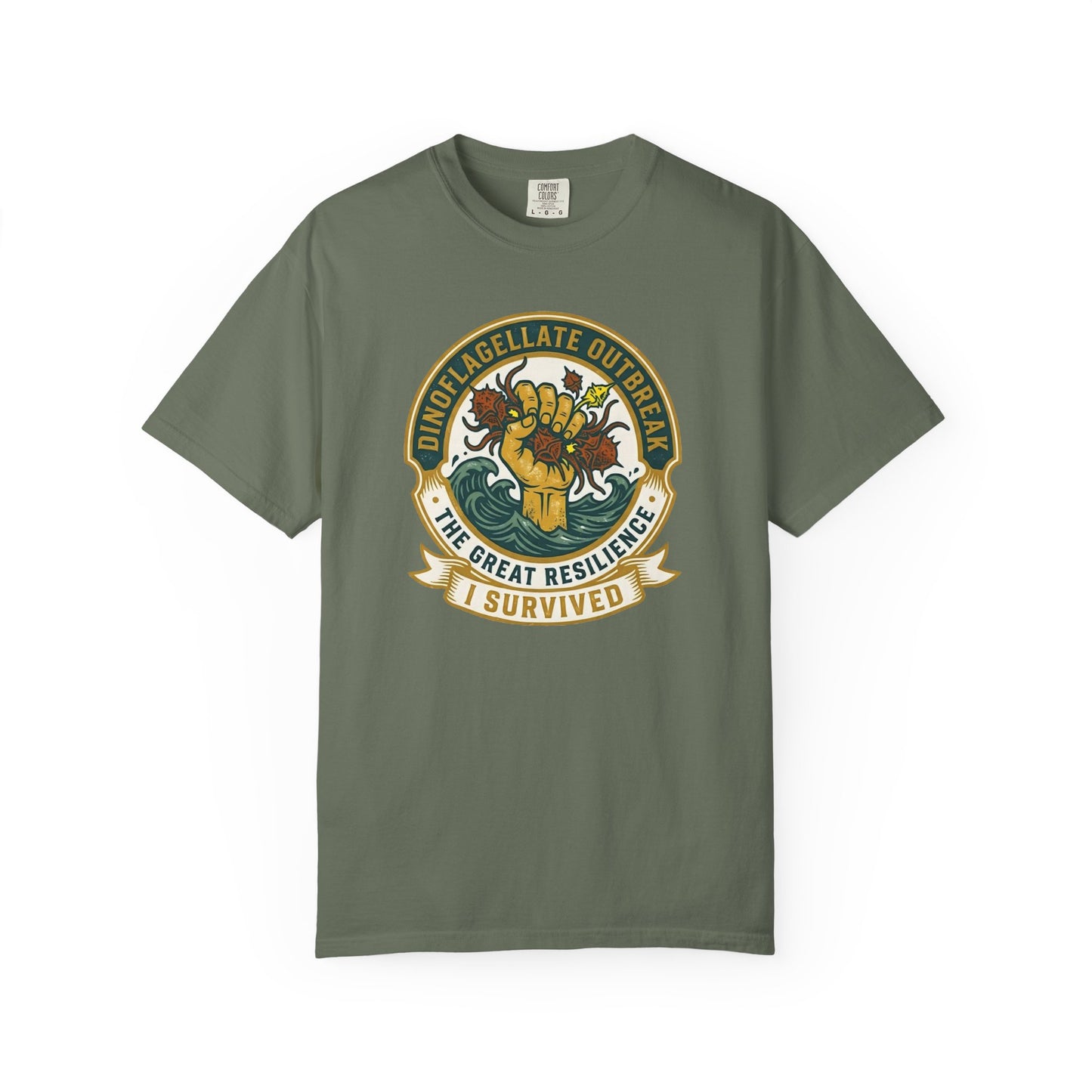 Broke Reefers graphic t-shirt featuring a victory-themed emblem with the text: DINOFLAGELLATE OUTBREAK, THE GREAT RESILIENCE, I SURVIVED, military green crew neck tee