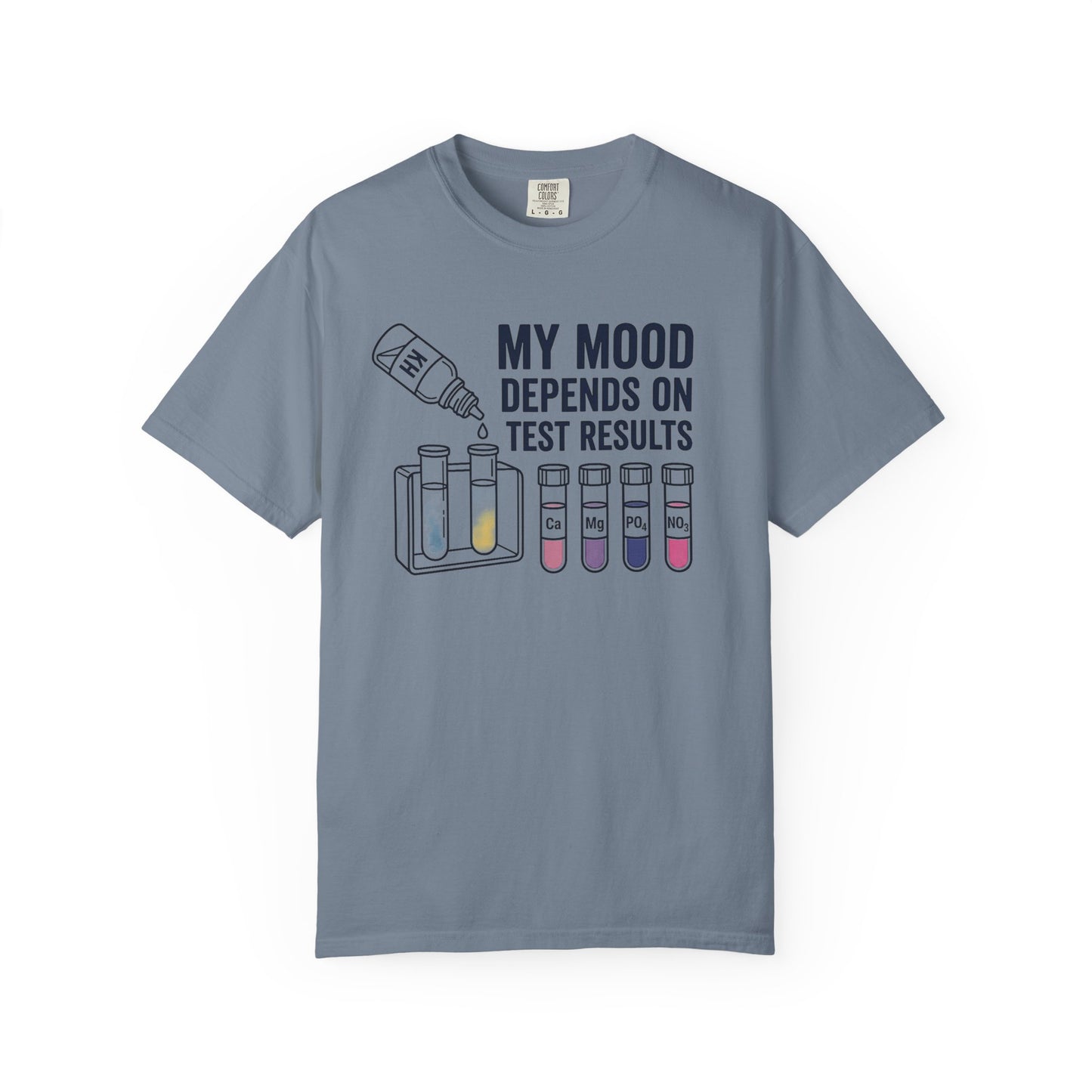 Broke Reefers graphic t-shirt featuring an illustration of KH testing and various chemical test vials with the text: MY MOOD DEPENDS ON TEST RESULTS, blue crew neck tee