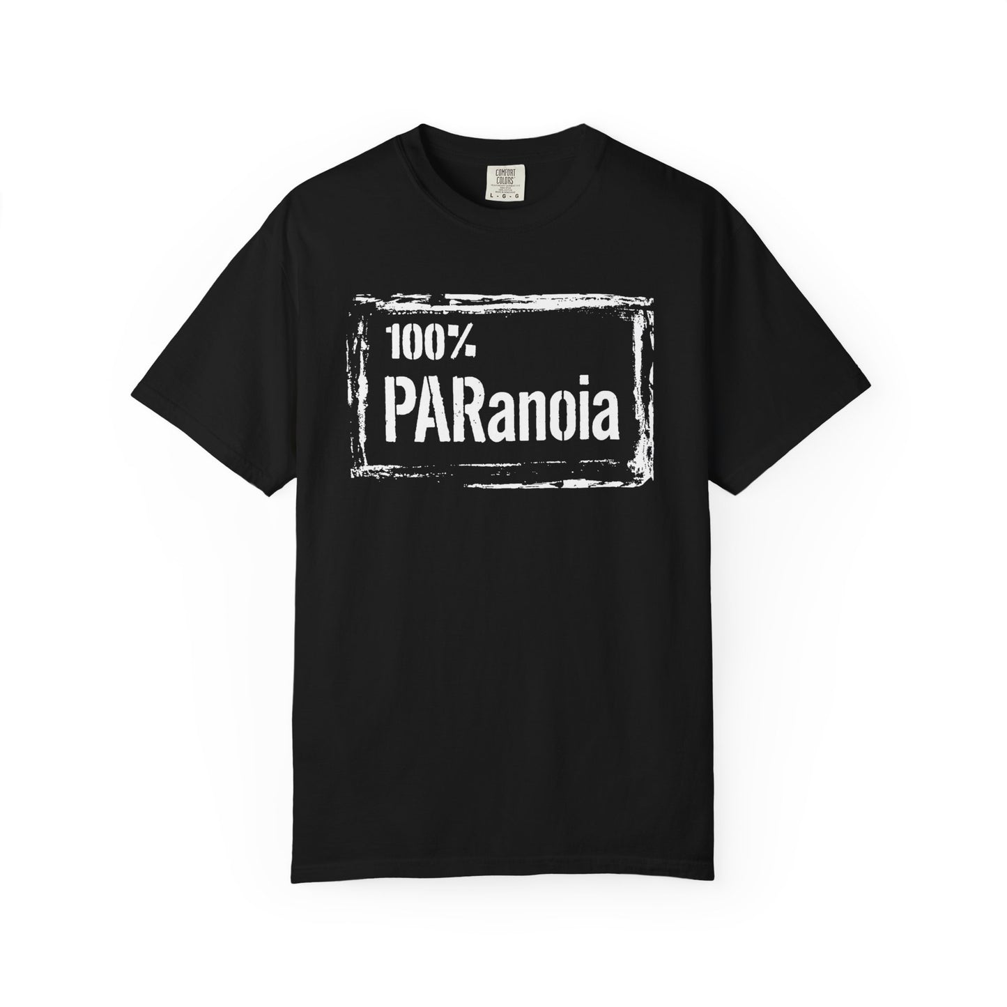 Broke Reefers saltwater aquarium graphic t-shirt featuring a distressed-frame design with the text: 100% PARANOIA, black crew neck tee