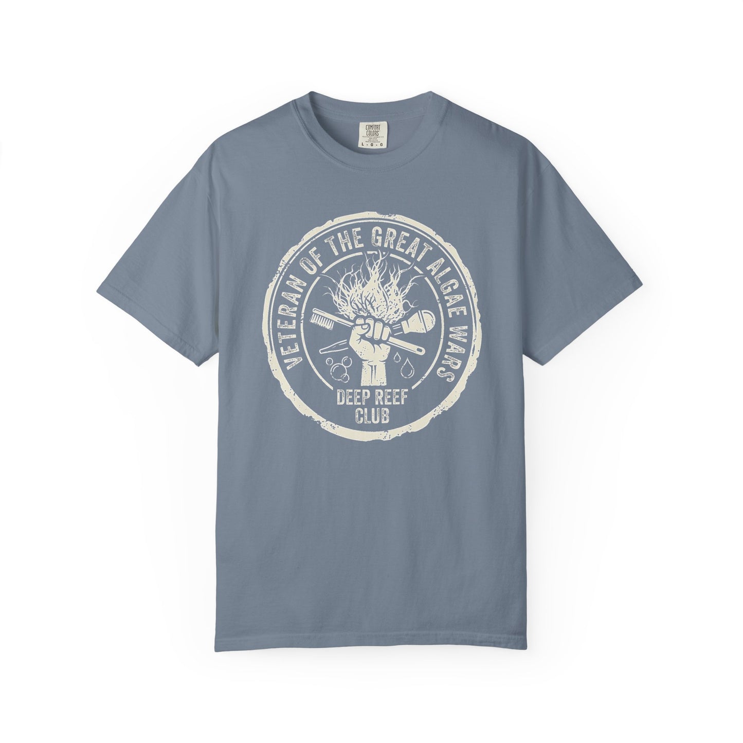 Deep Reef Club saltwater aquarium graphic t-shirt featuring a grit-inspired badge design of a hand raising cleaning tools with the text: VETERAN OF THE GREAT ALGAE WARS, blue crew neck tee