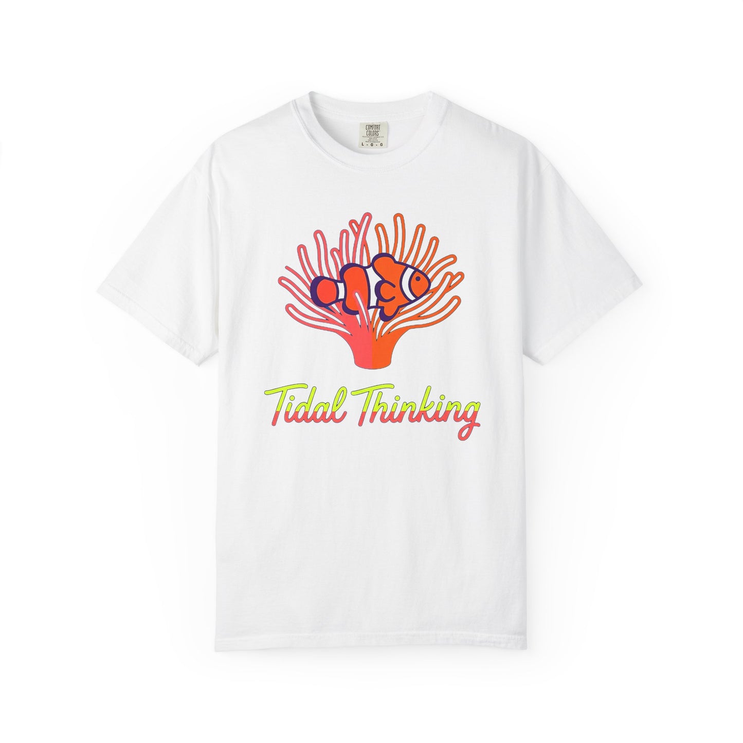 Broke Reefers saltwater aquarium graphic t-shirt featuring a vibrant illustration of a clownfish in an anemone with the text: Tidal Thinking, white crew neck tee