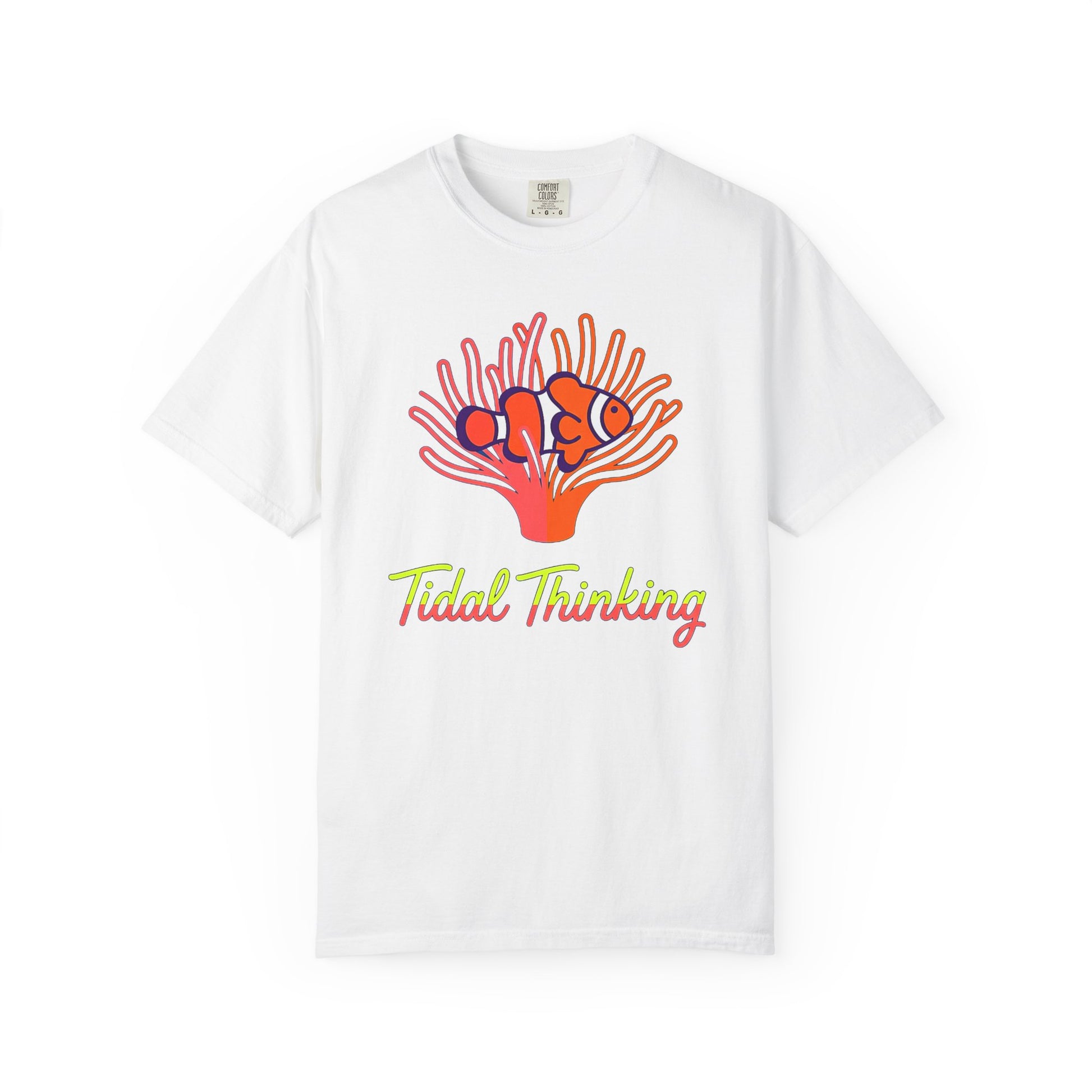 Broke Reefers saltwater aquarium graphic t-shirt featuring a vibrant illustration of a clownfish in an anemone with the text: Tidal Thinking, white crew neck tee