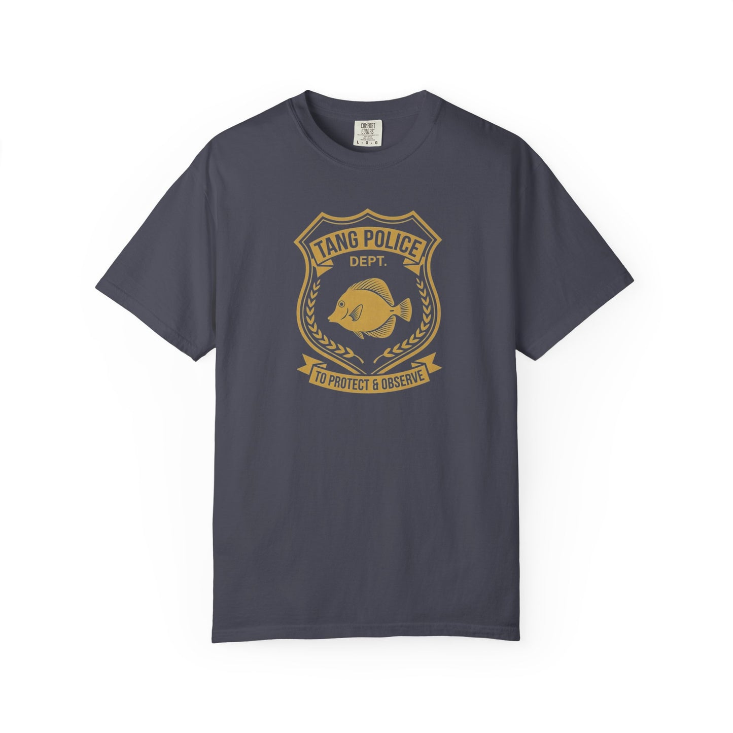 Broke Reefers graphic t-shirt featuring a gold badge-style illustration of a tang with the text: TANG POLICE DEPT. TO PROTECT & OBSERVE, navy crew neck tee