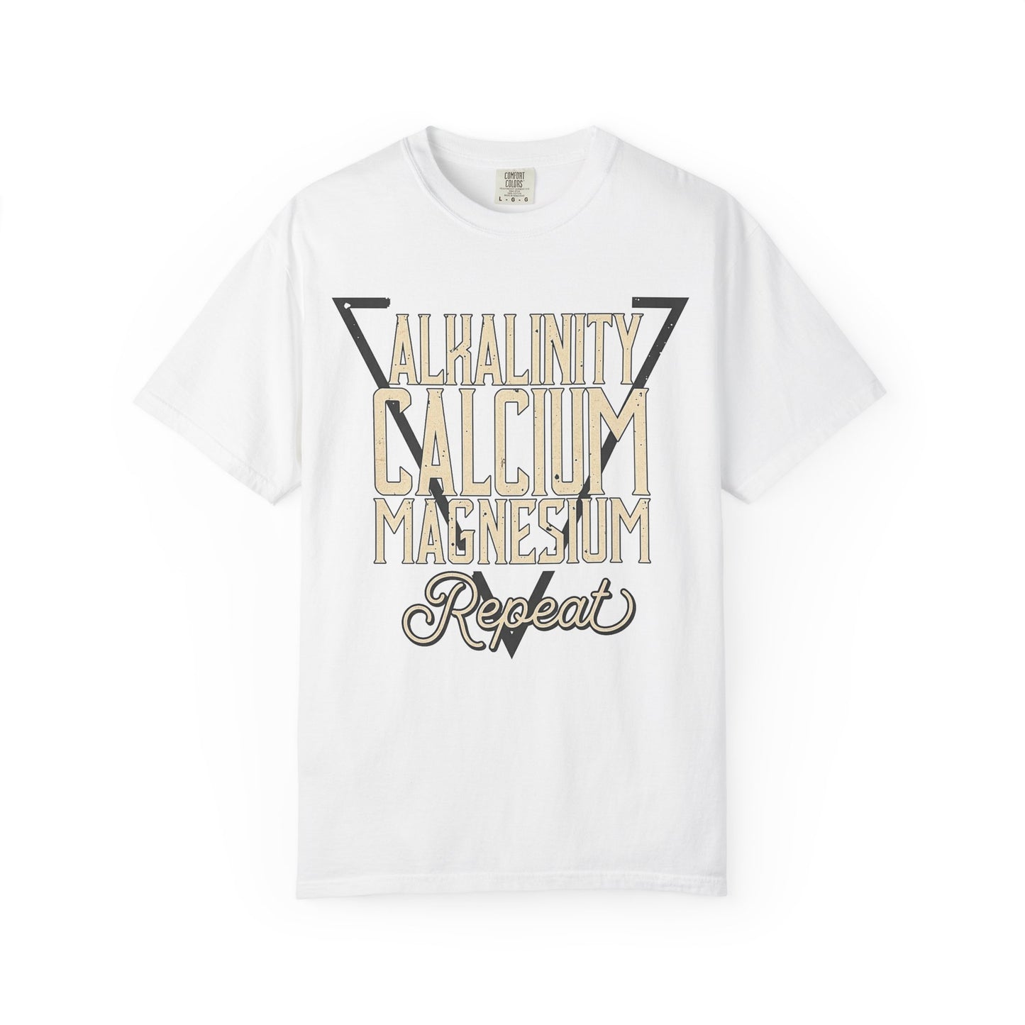 Broke Reefers graphic t-shirt featuring a geometric triangle design with the text: ALKALINITY, CALCIUM, MAGNESIUM, REPEAT, white crew neck tee.