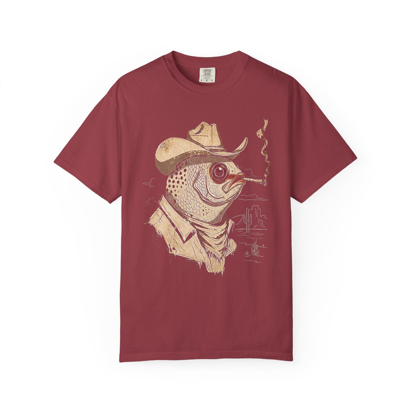 Broke Reefers saltwater aquarium graphic t-shirt featuring a moody, artistic illustration of a fish dressed as a cowboy in the desert, maroon crew neck tee