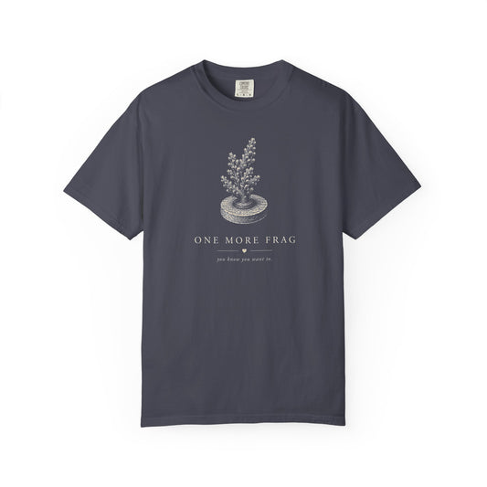 Broke Reefers saltwater aquarium graphic t-shirt featuring an etched-style illustration of a coral frag on a plug with the text: ONE MORE FRAG, you know you want to., navy crew neck tee