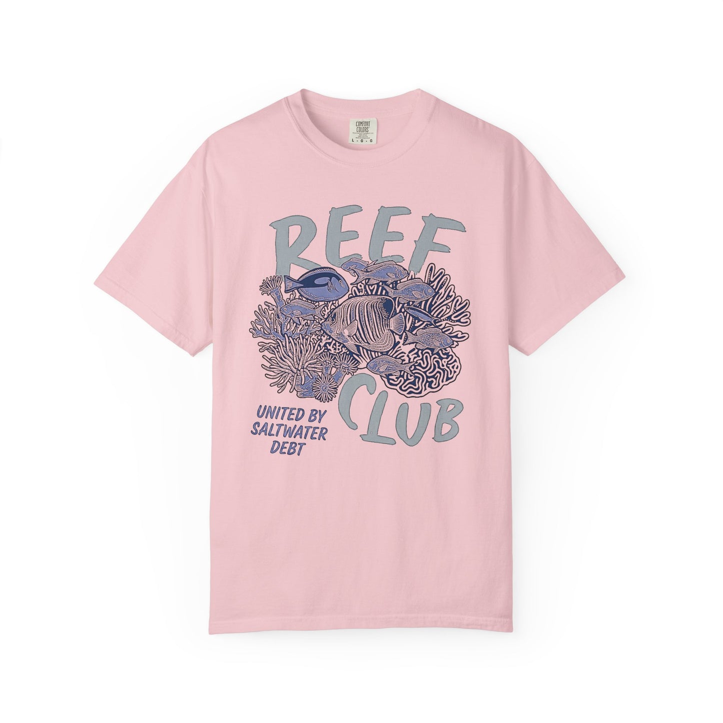 Broke Reefers graphic t-shirt featuring a detailed reef illustration with the text: REEF CLUB, UNITED BY SALTWATER DEBT, pink crew neck tee