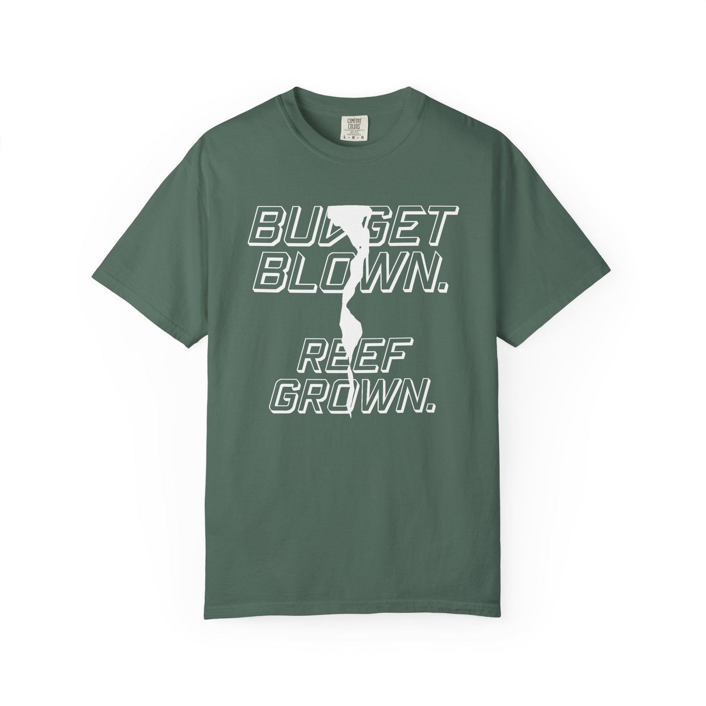 Broke Reefers graphic t-shirt featuring the text BUDGET BLOWN, REEF GROWN with a graphic crack, [Color] crew neck tee