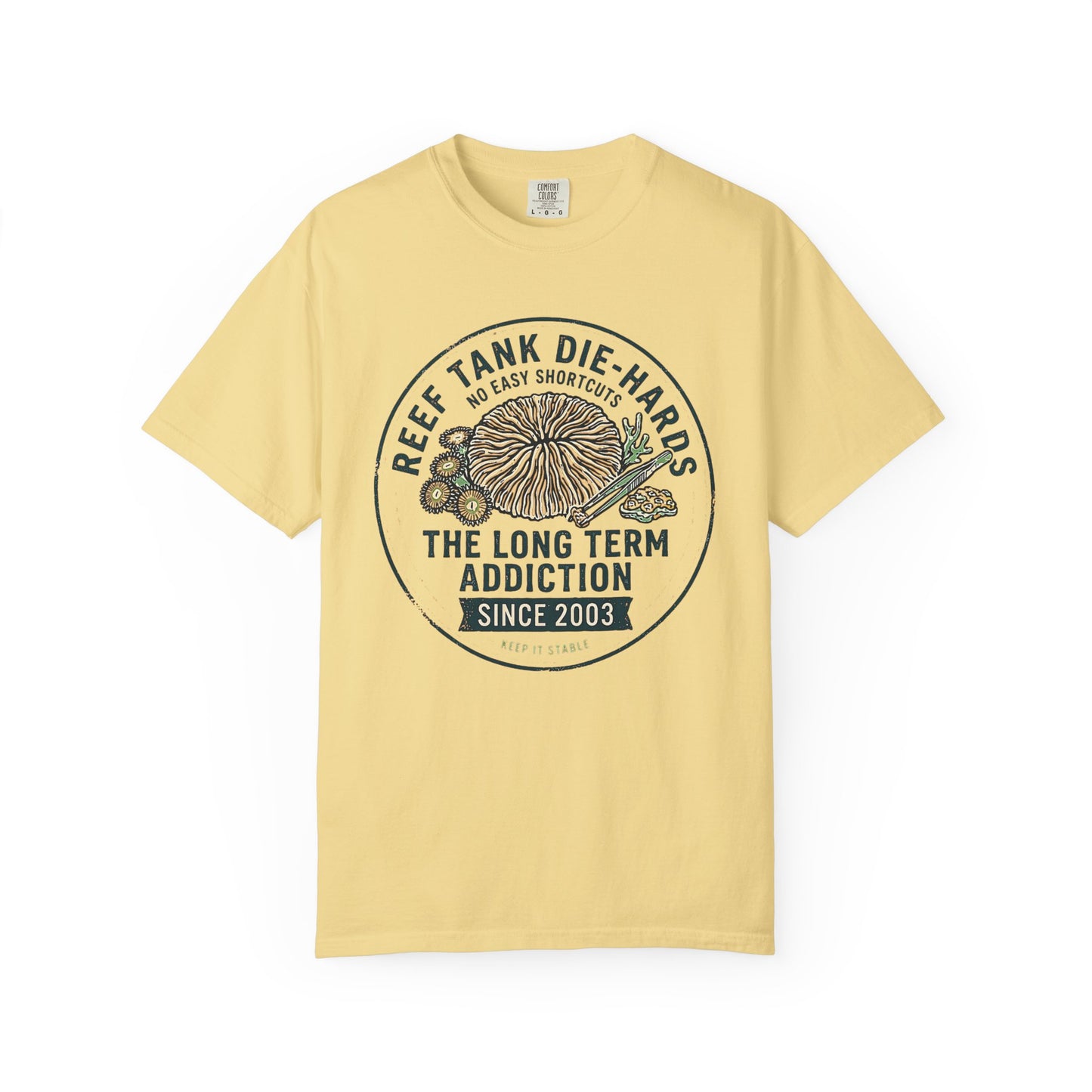 Broke Reefers saltwater aquarium graphic t-shirt featuring a vintage badge illustration of coral and tweezers with the text: REEF TANK DIE-HARDS NO EASY SHORTCUTS THE LONG TERM ADDICTION SINCE 2003 KEEP IT STABLE, yellow crew neck tee