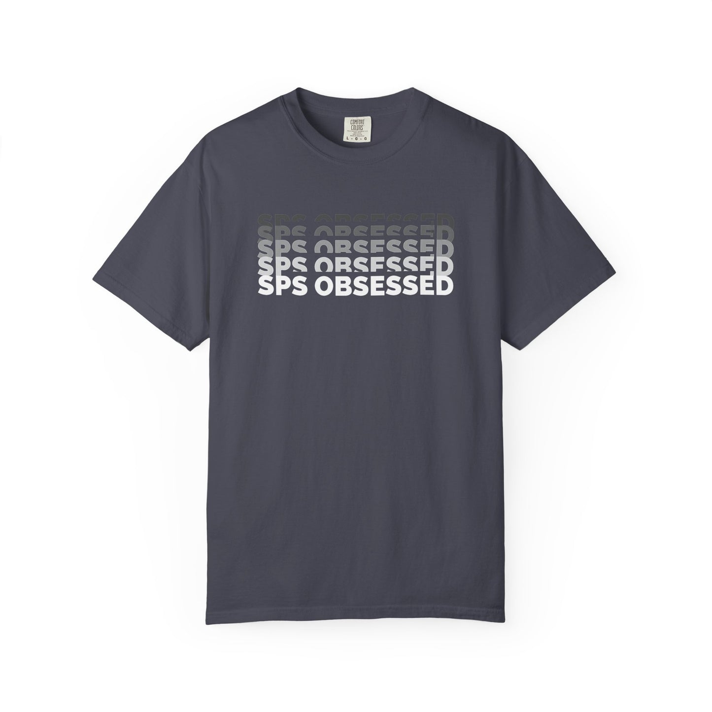 Broke Reefers saltwater aquarium graphic t-shirt featuring a modern, layered 'glitch' text design that reads: SPS OBSESSED, navy crew neck tee