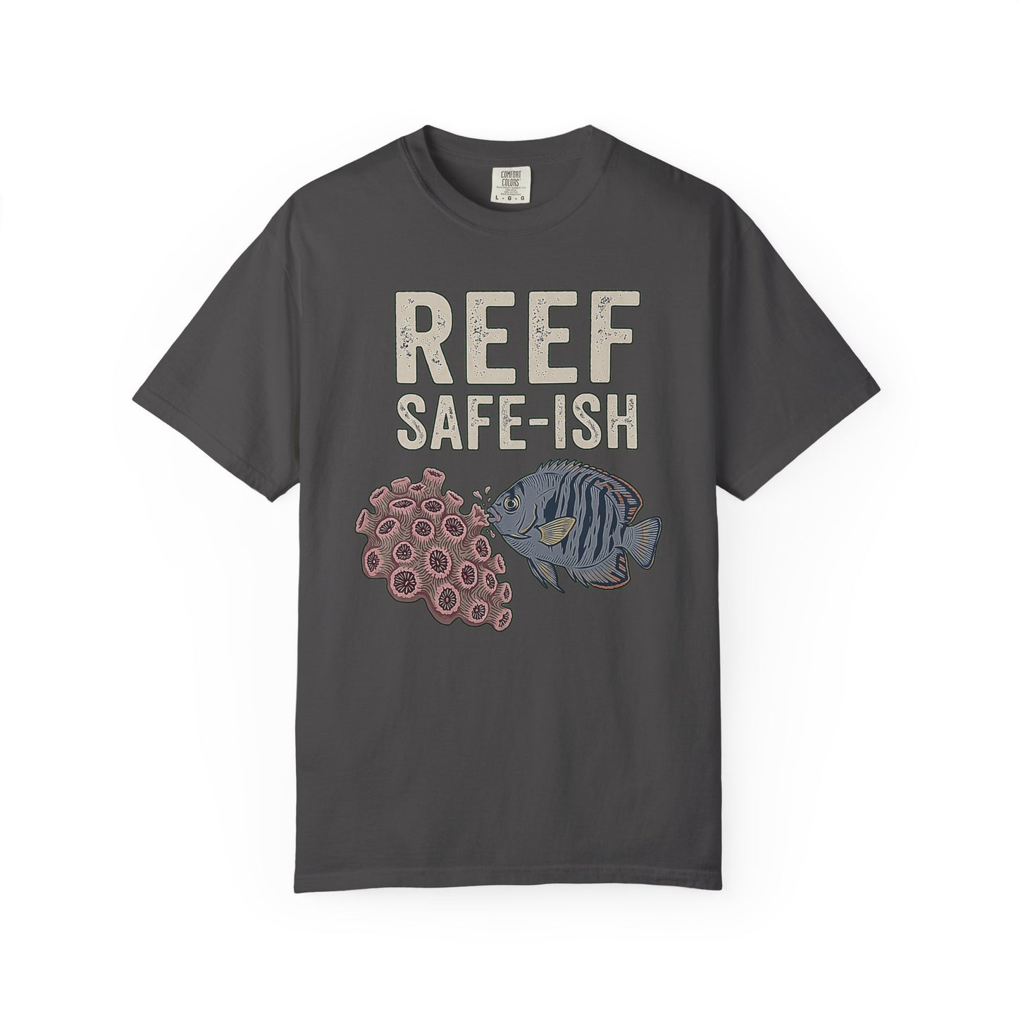 Broke Reefers graphic t-shirt featuring an illustration of a fish and coral with the text: REEF SAFE-ISH, dark khaki crew neck tee