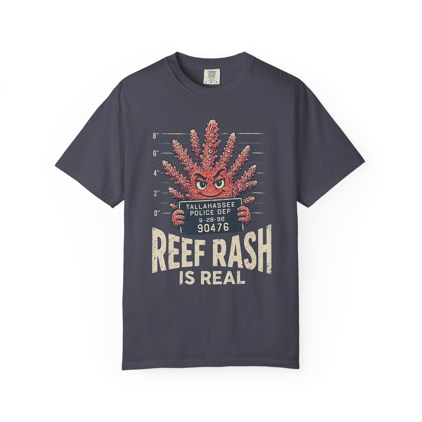 Broke Reefers graphic t-shirt featuring an illustration of a coral character in a police mugshot pose with the text: TALLAHASSEE POLICE DEP, REEF RASH IS REAL, navy crew neck tee