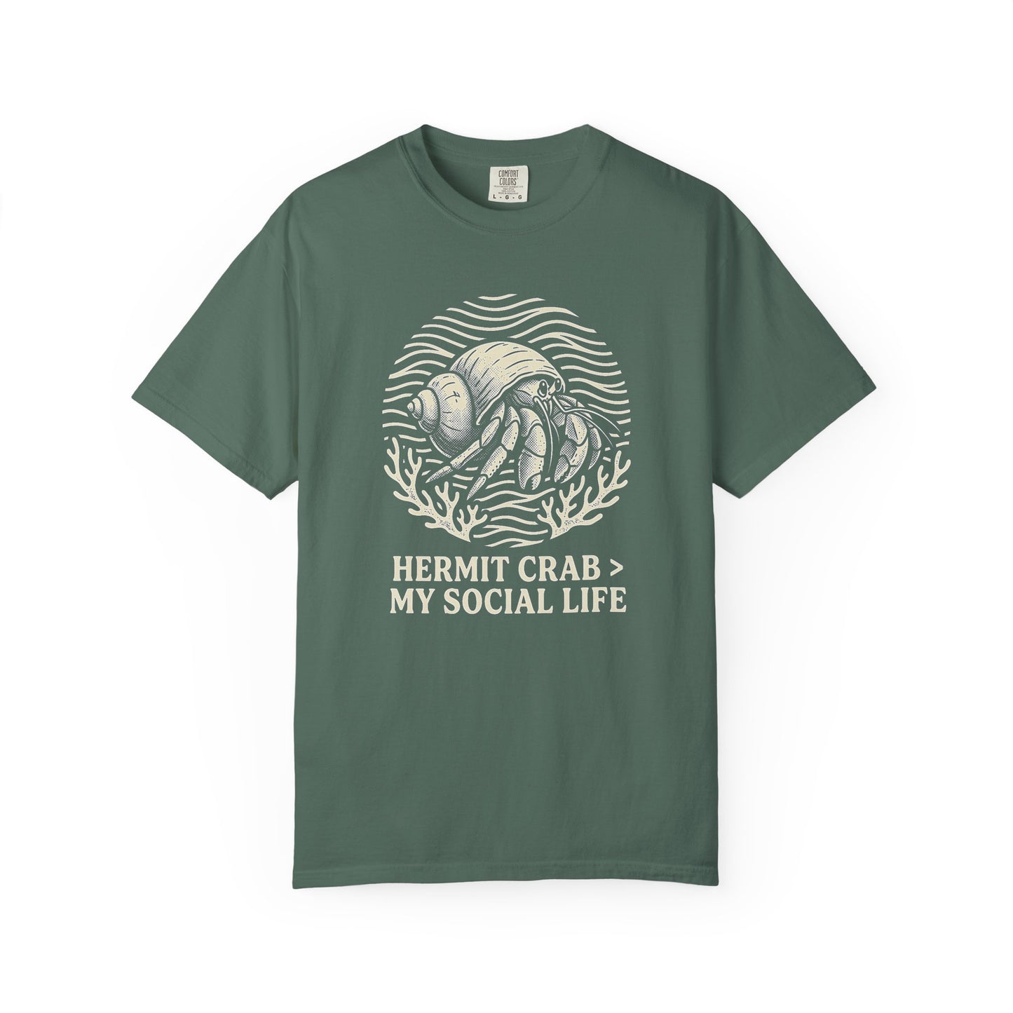 Broke Reefers saltwater aquarium graphic t-shirt featuring a badge illustration of a hermit crab with the text: HERMIT CRAB > MY SOCIAL LIFE, military green crew neck tee