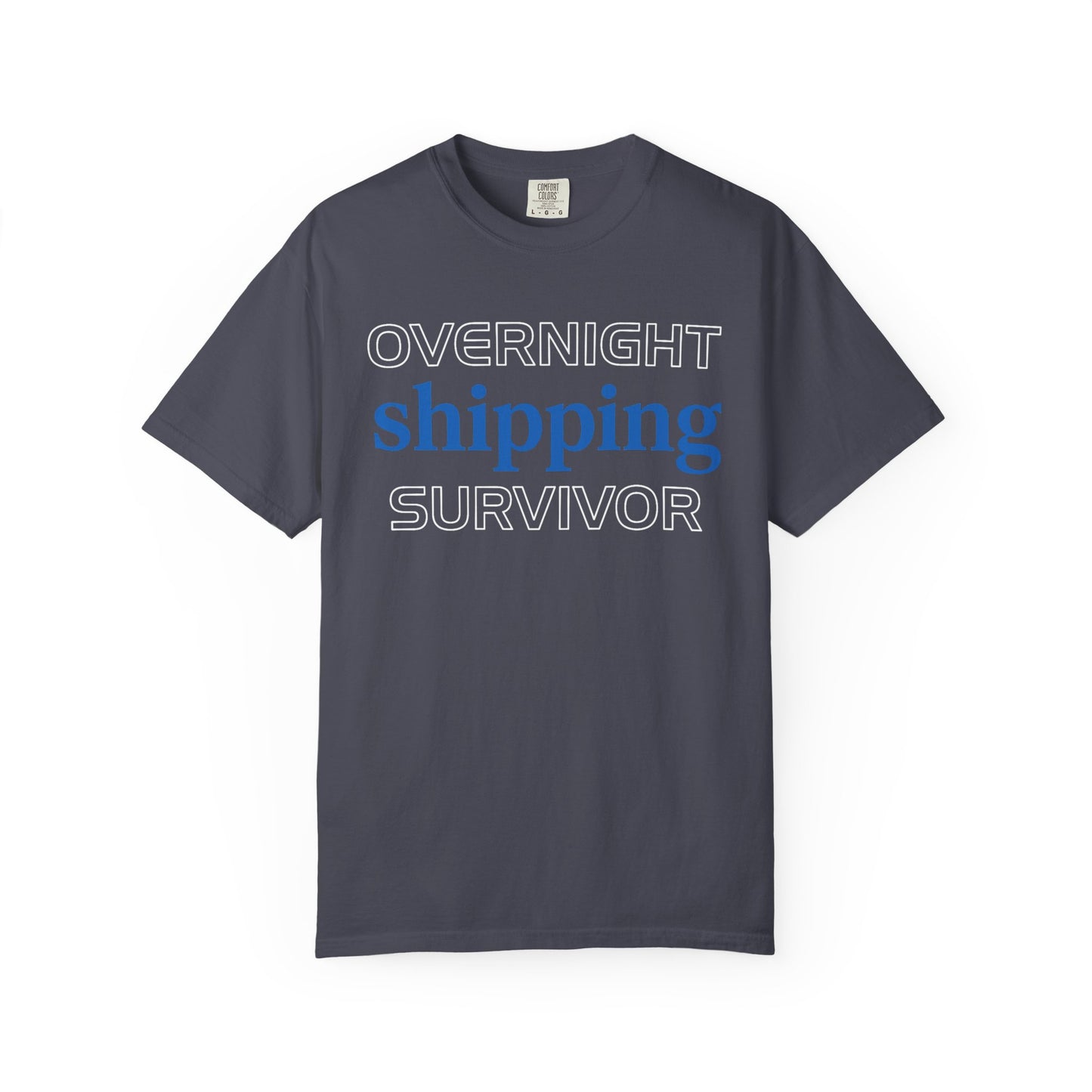 Broke Reefers saltwater aquarium graphic t-shirt featuring clean, bold typography that reads: OVERNIGHT shipping SURVIVOR, navy crew neck tee