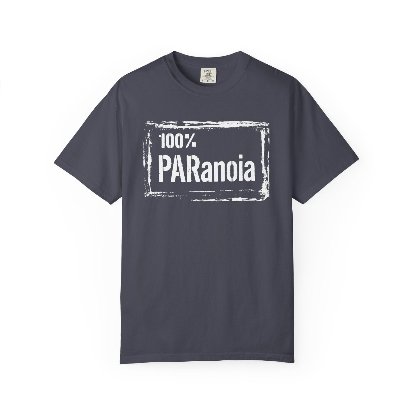 Broke Reefers saltwater aquarium graphic t-shirt featuring a distressed-frame design with the text: 100% PARANOIA, navy crew neck tee