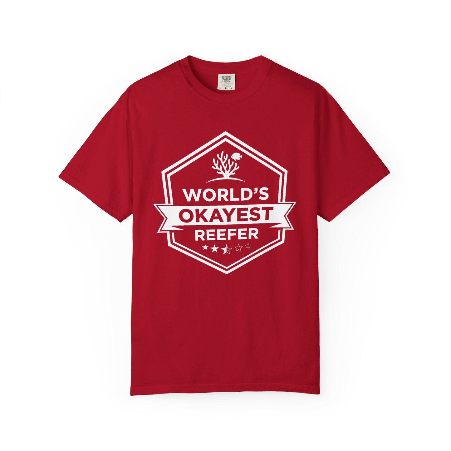 Broke Reefers graphic t-shirt featuring a badge-style illustration with the text: WORLD’S OKAYEST REEFER, red crew neck tee