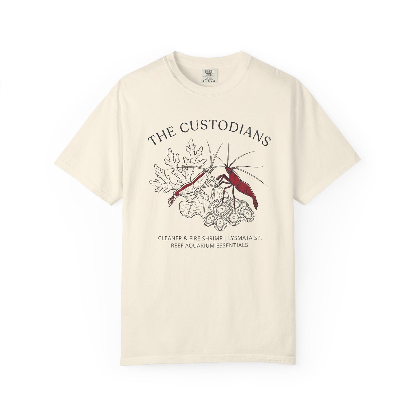 Broke Reefers saltwater aquarium graphic t-shirt featuring a detailed illustration of a Cleaner Shrimp and a Fire Shrimp on coral with the text: THE CUSTODIANS, CLEANER & FIRE SHRIMP | LYSMATA SP. REEF AQUARIUM ESSENTIALS, beige cream crew neck tee