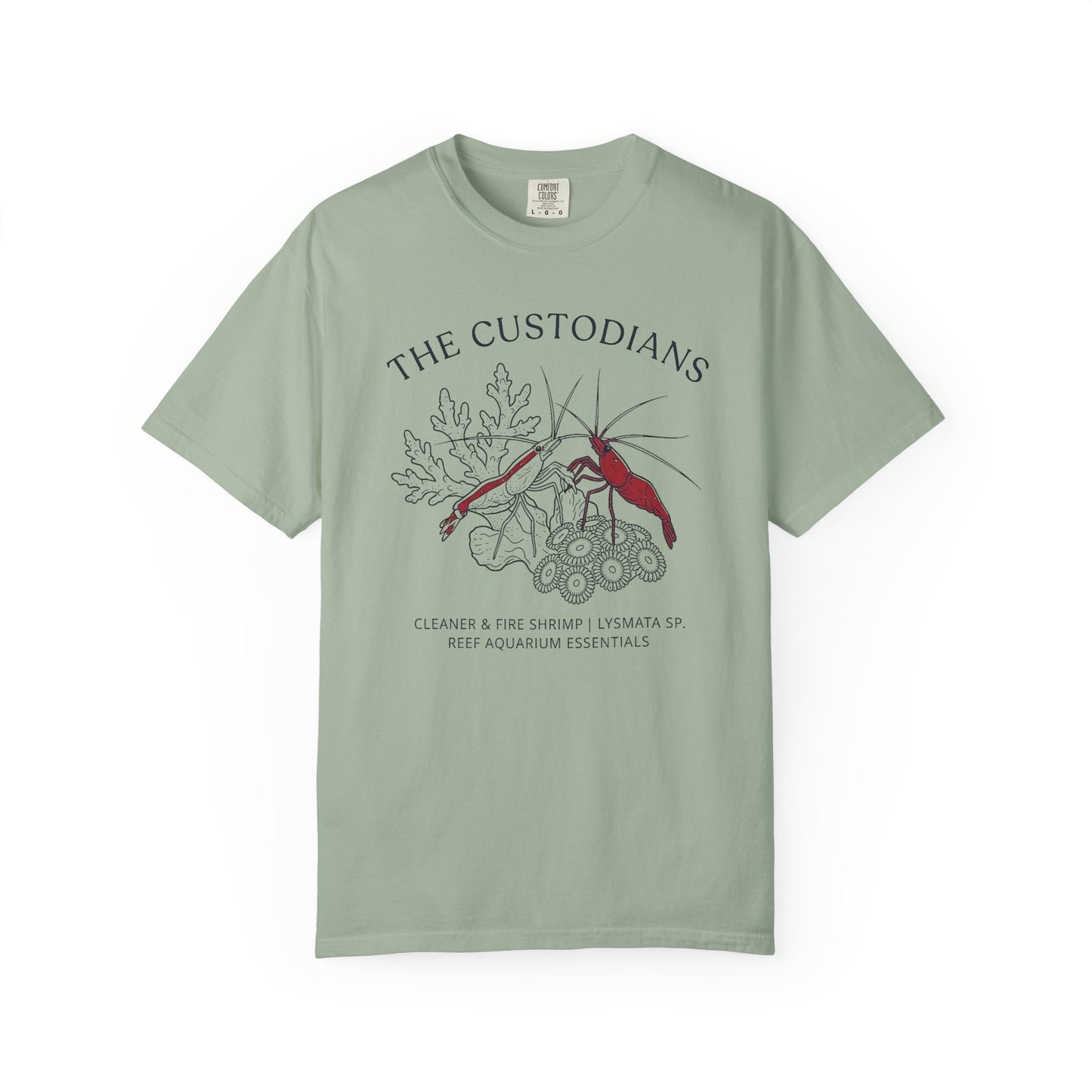 Broke Reefers saltwater aquarium graphic t-shirt featuring a detailed illustration of a Cleaner Shrimp and a Fire Shrimp on coral with the text: THE CUSTODIANS, CLEANER & FIRE SHRIMP | LYSMATA SP. REEF AQUARIUM ESSENTIALS, light green crew neck tee