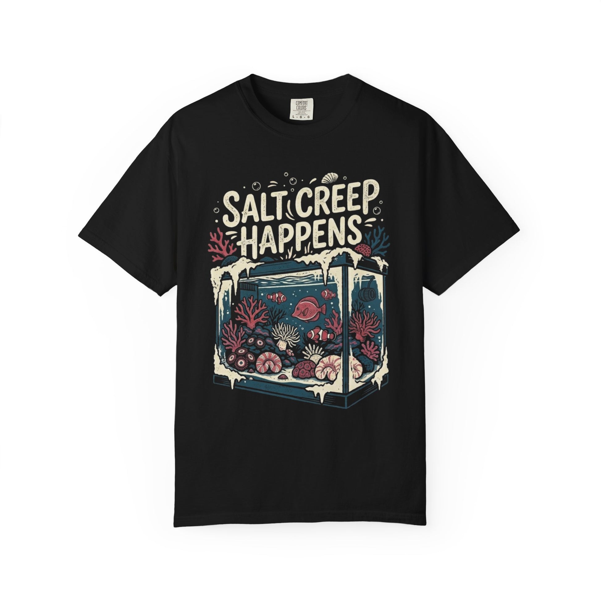 Broke Reefers saltwater aquarium graphic t-shirt featuring an illustration of a reef tank with white salt creep buildup and the text: SALT CREEP HAPPENS, black crew neck tee