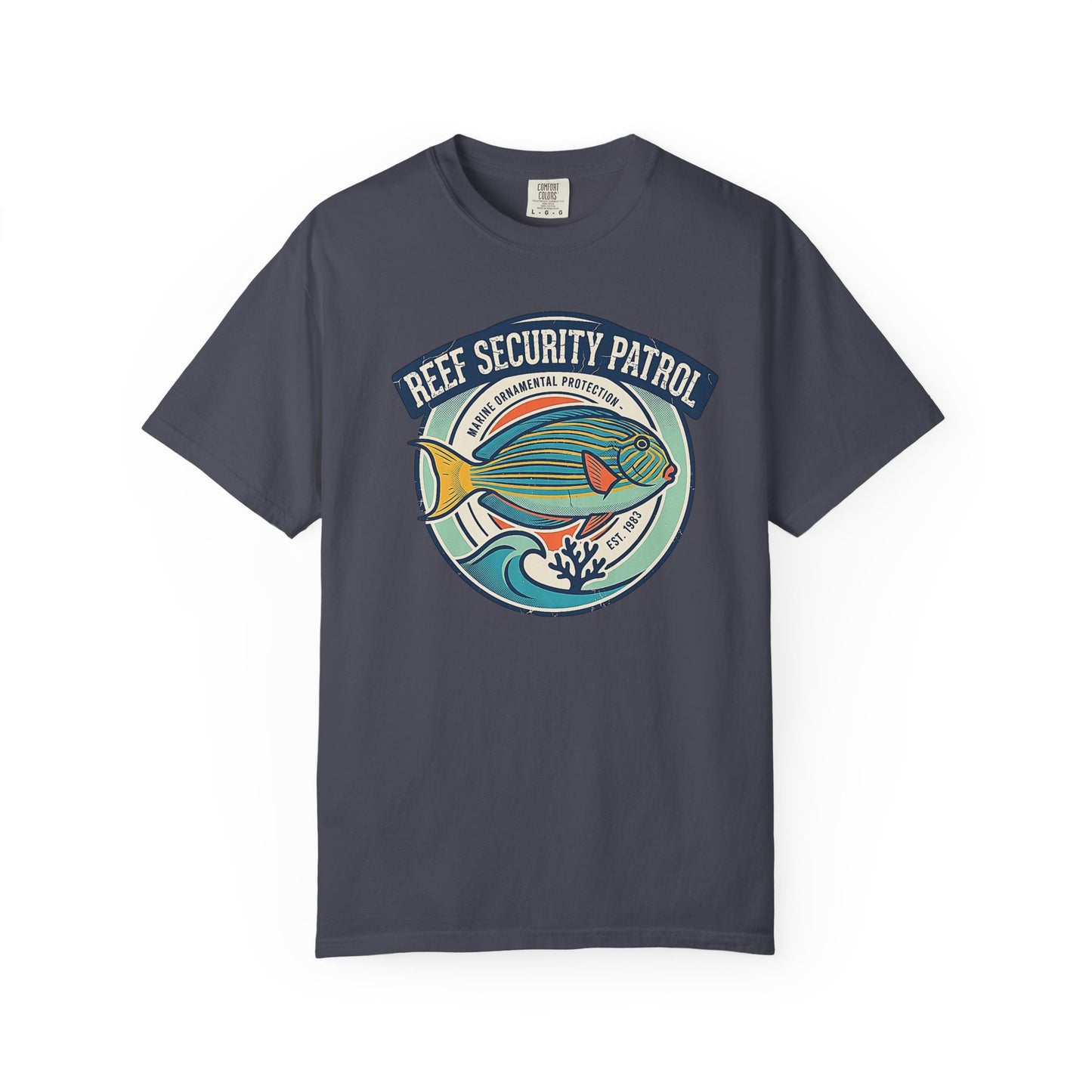 Broke Reefers saltwater aquarium graphic t-shirt featuring a vintage badge-style illustration of a saltwater fish with text reading: REEF SECURITY PATROL, MARINE ORNAMENTAL PROTECTION, EST. 1983, navy crew neck tee